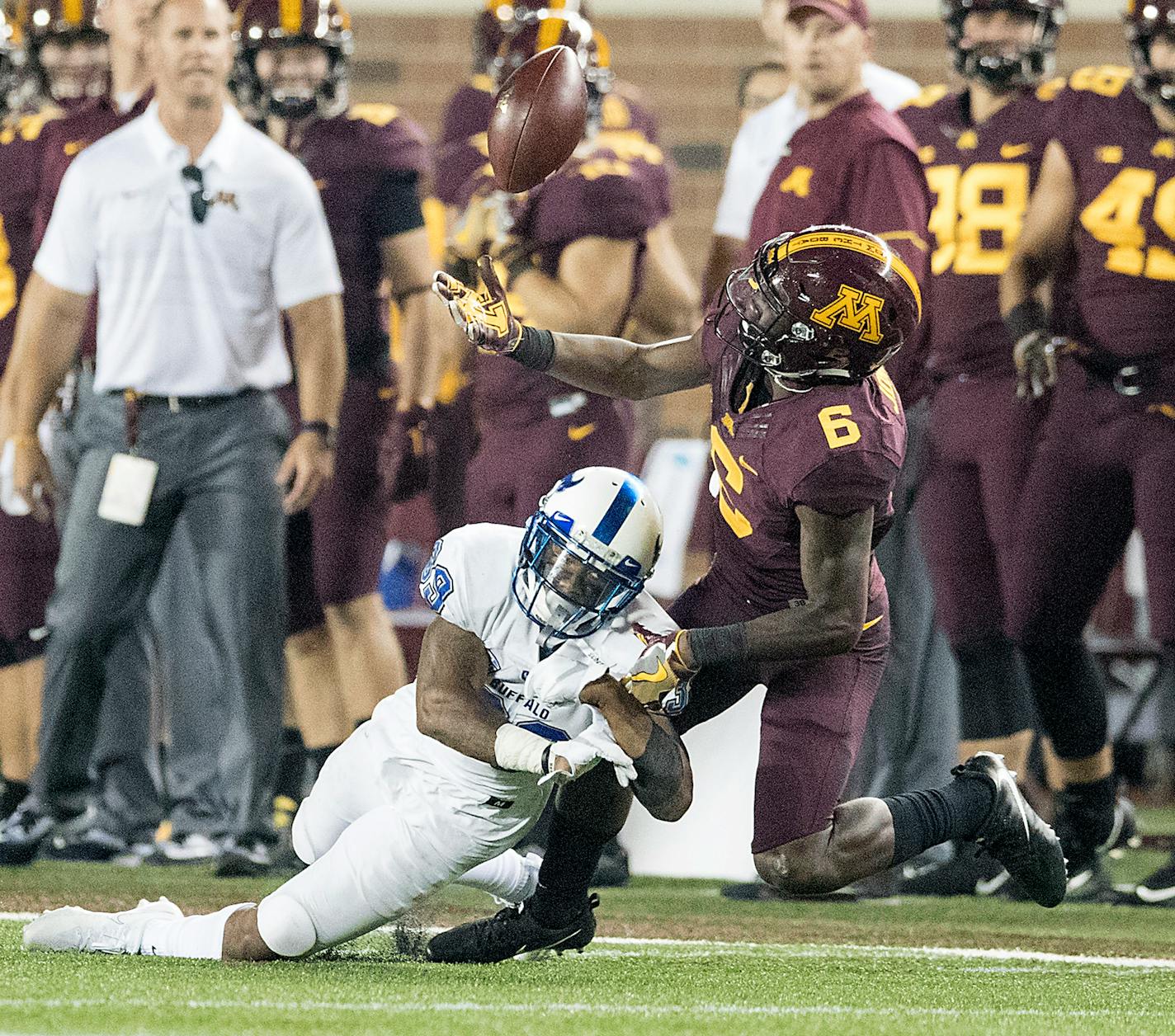 Gophers wide receiver Tyler Johnson (6) caught six passes for 141 yards and a touchdown agains Buffalo on Thursday, but he was one of the few bright offensive spots in the 17-7 victory at TCF Bank Stadium.