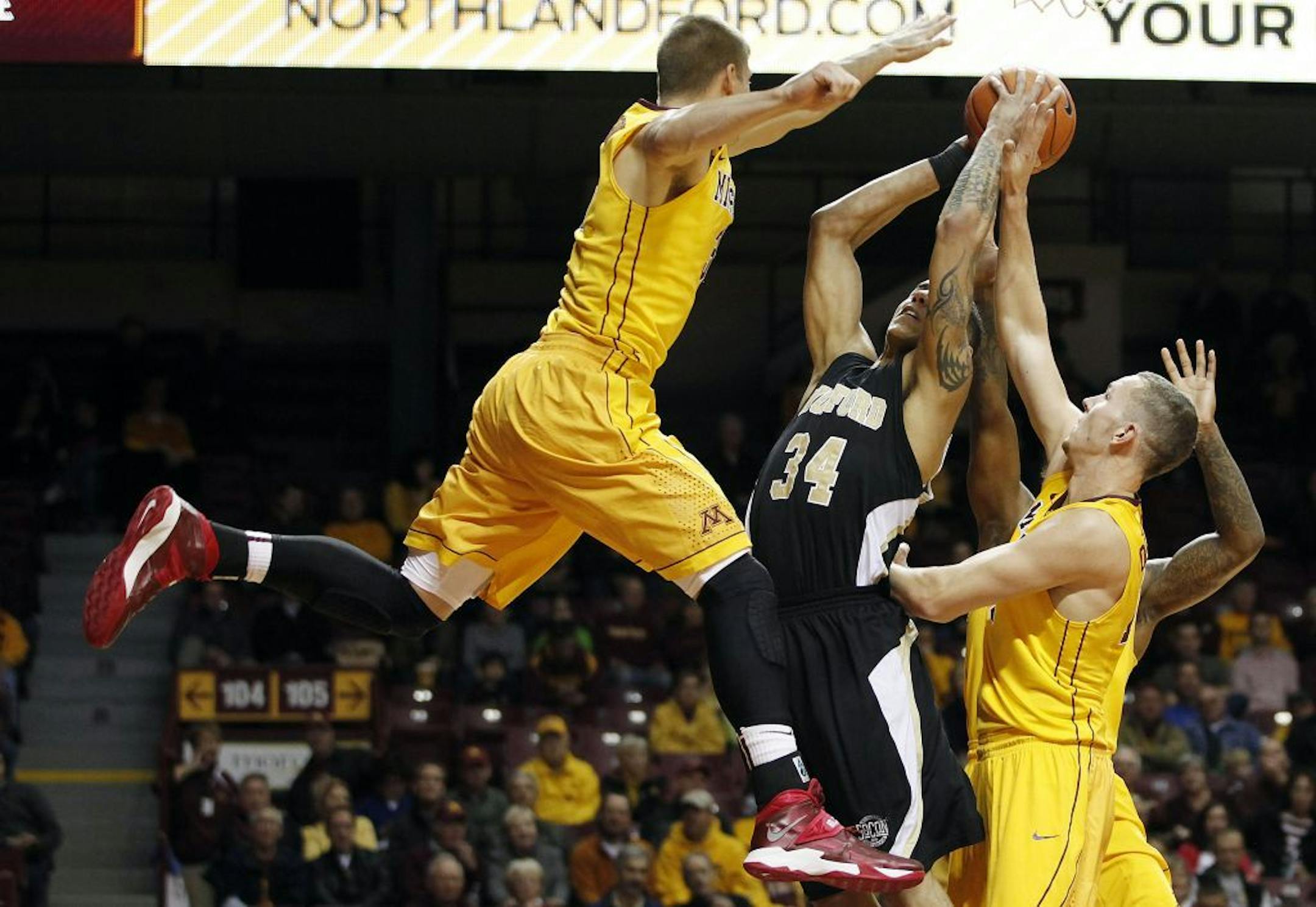 Minnesota guard Wally Ellenson, left, tries to block the shot of Wofford forward Lee Skinner (34) in the first half Thursday, Nov. 21, 2013, in Minneapolis.