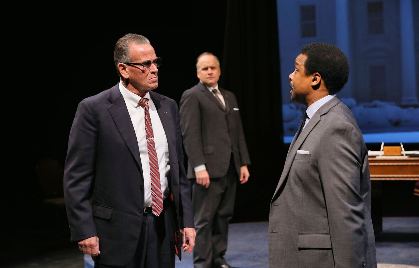 Clashes in the Oval Office take center stage in "The Great Society," whose clashers include, from left, Lyndon Baines Johnson (Pearce Bunting), Hubert H. Humphrey (Andrew Erskine Wheeler) and Martin Luther King (Shawn Hamilton). /Scott Pakudaitis