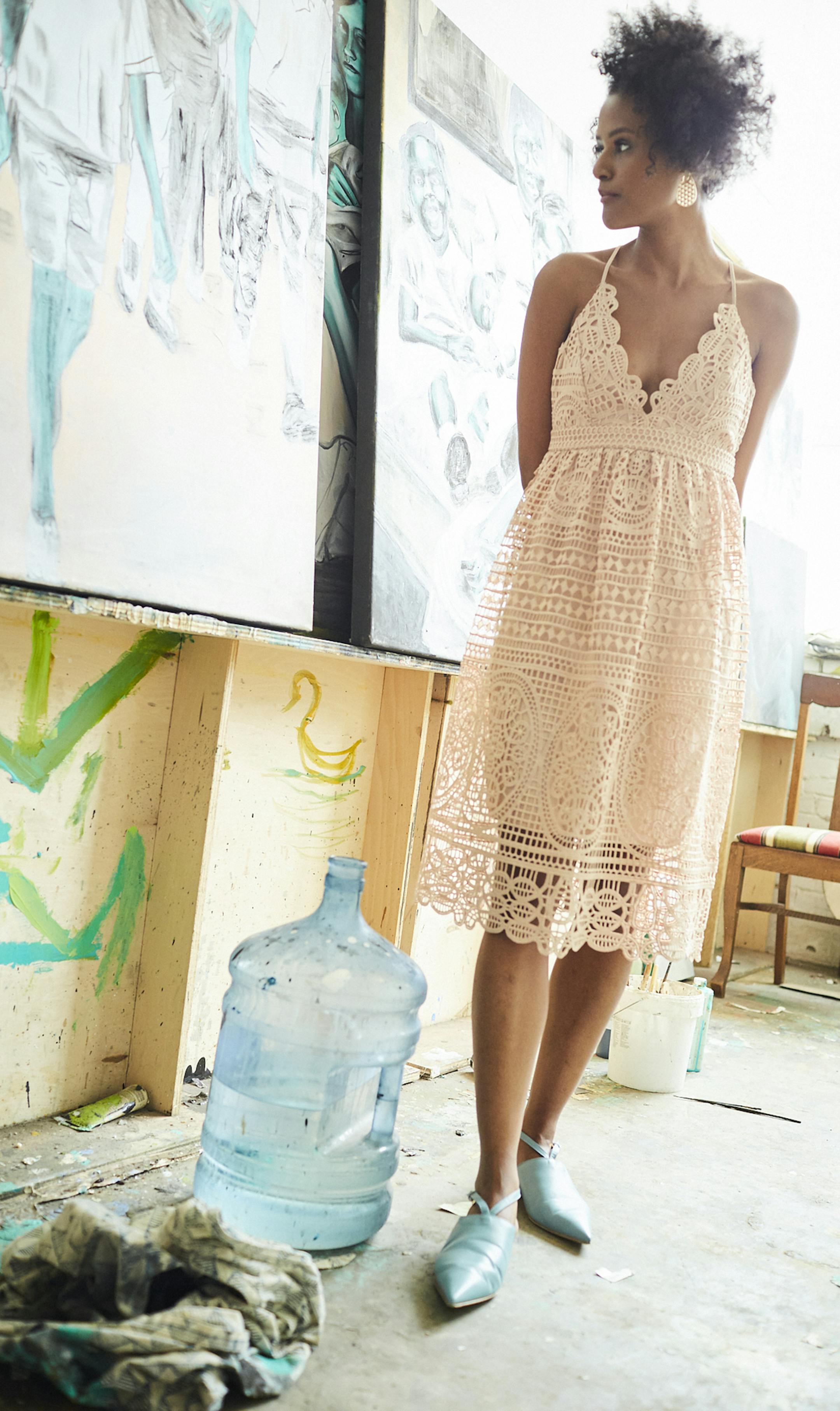 Laced Up
Nude lace dress $80 nordstromrack.com
Vintage Marni blue flats $350 studiobstyle.com
Gold drop earrings $10 tjmaxx.com Styling by Barbara Schmidt // Photos by Shannon Greer Hair and Make-up Artist: Morgan Blaul, morganblaul.com; Model: Meron, Wilhelmina.com