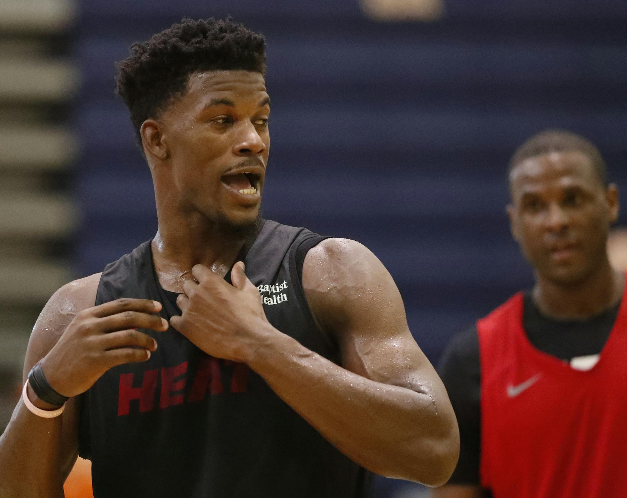Miami Heat's Jimmy Butler is shown during the team's NBA basketball practice at Keiser University, Tuesday, Oct. 1, 2019, in West Palm Beach, Fla. (AP Photo/Wilfredo Lee)