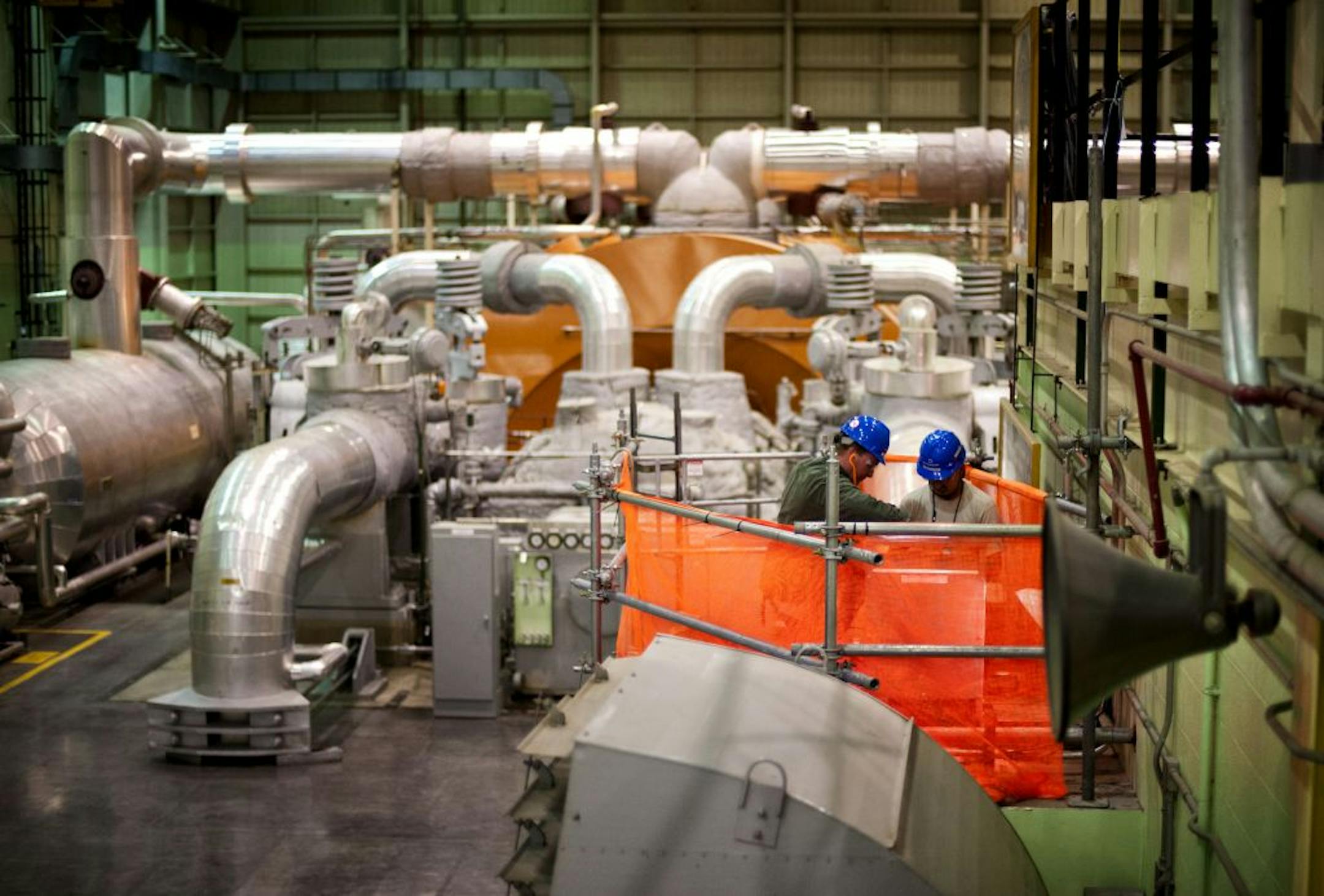 Contractors perform some pre shutdown maintenance in the generator room. The Xcel Energy Prairie Island Nuclear Plant north of Red Wing is looking to boost electrical output at the plant. Tuesday, October 9, 2012