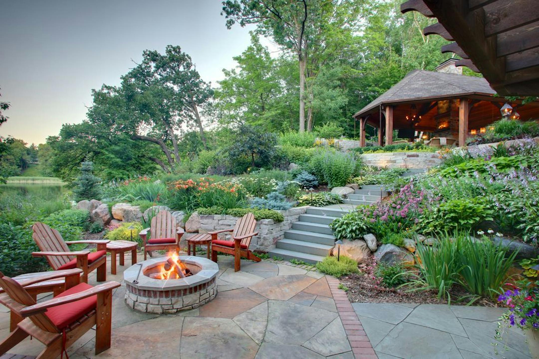 The patio includes a firepit.
