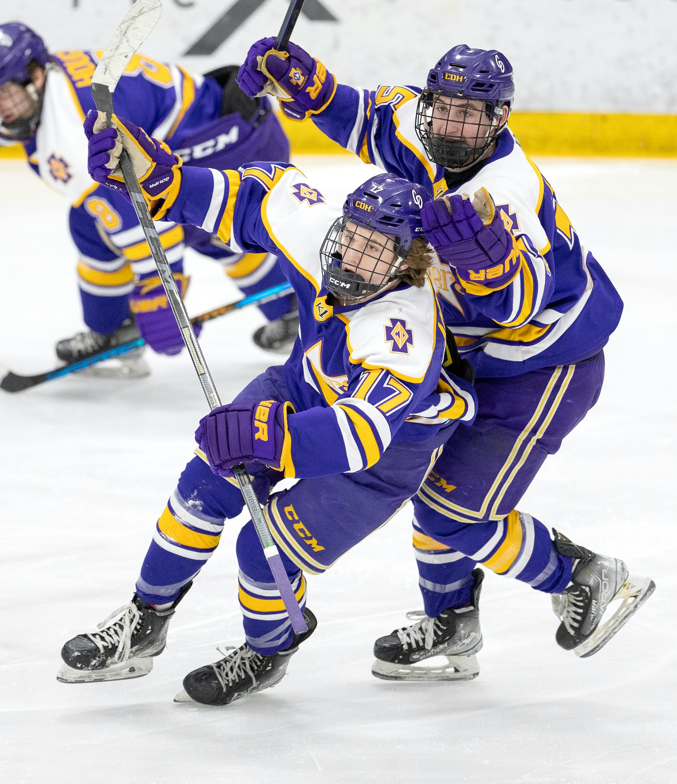 Max Anderson (17) of Cretin-Derham Hall celebrates after a goal in the first period during the boy's hockey section 3, Class 2A Finals, Wednesday, March 1, 2023, at Braemar Ice Arena in Edina, Minn.