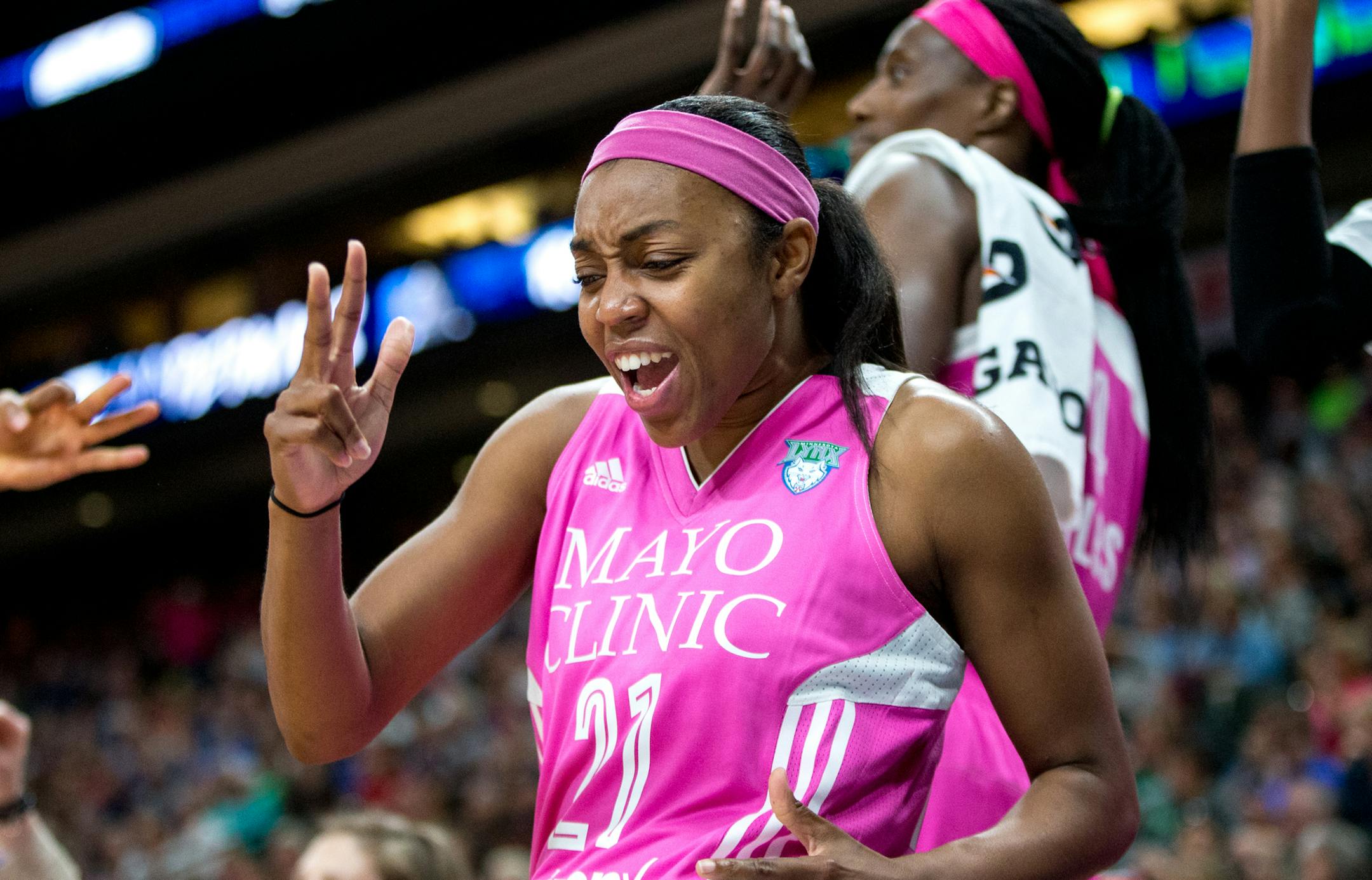 Minnesota Lynx guard Renee Montgomery celebrates during the second half against the Indiana Fever on Friday, Aug. 18, 2017, at Xcel Energy Center. ] COURTNEY PEDROZA &#x2022; courtney.pedroza@startribune.com; Minnesota Lynx vs. Indiana Fever; St. Paul, MN; Friday, Aug. 18, 2017, at Xcel Energy Center.