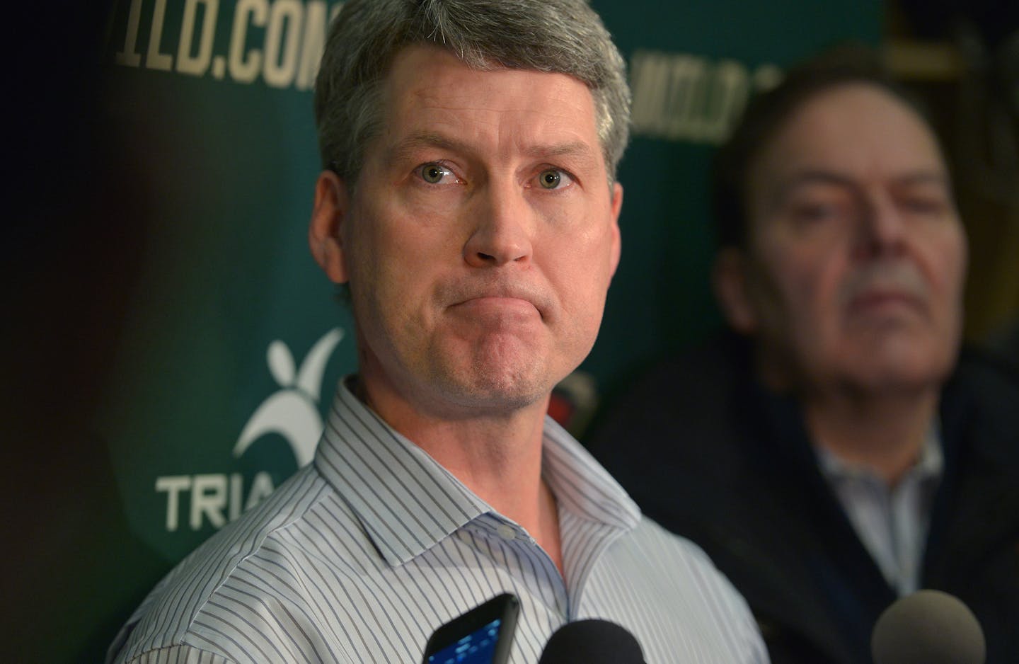 Minnesota Wild General Manager, Chuck Fletcher, addresses the press Sunday, February 14 at Braemer Arena in Edina, the morning after firing Wild Head Coach Mike Yeo. John Torchetti has been named interim head coach ] (SPECIAL TO THE STAR TRIBUNE/BRE McGEE) **Chuck Fletcher (Wild GM), John Torchetti (not pictured, Wild interim head coach), Mike Yeo (former Wild head coach, not pictured)