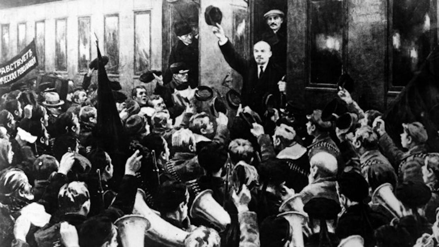 Supporters greet Lenin on his arrival at Finland Station, Petrograd, April 16, 1917, after a week-long journey by sealed train from Switzerland