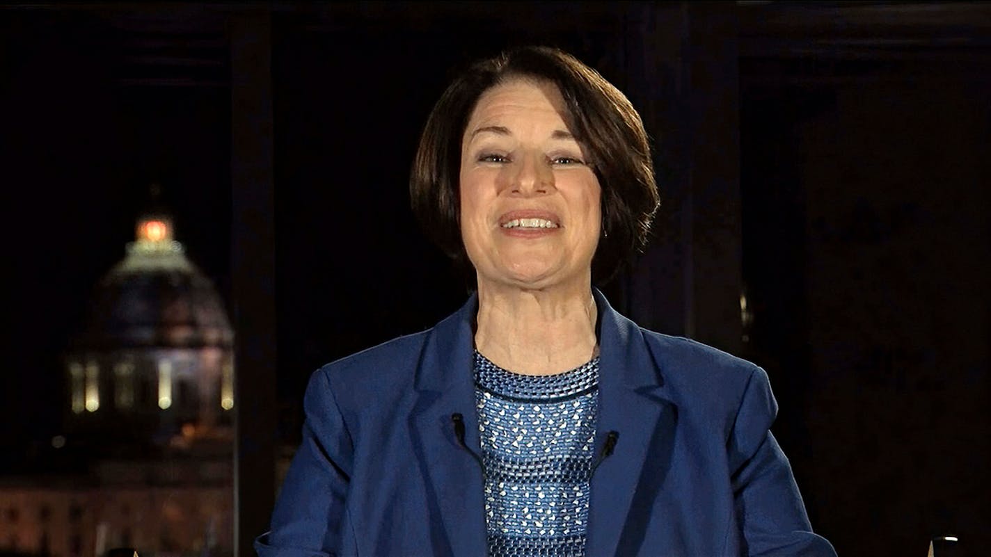 In this image from video, Sen. Amy Klobuchar, D-Minn., speaks during the first night of the Democratic National Convention on Monday, Aug. 17, 2020.