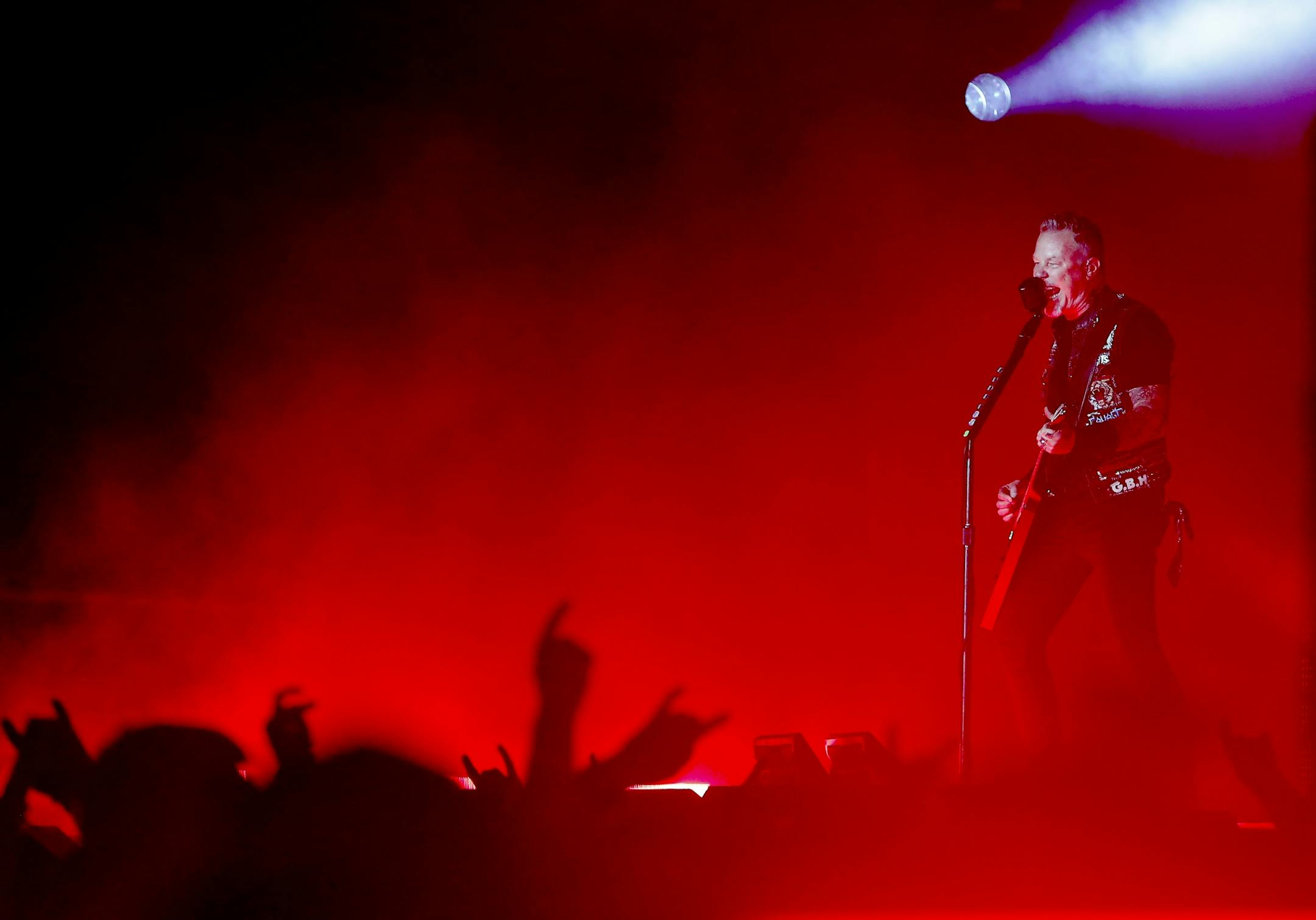 Metallica singer and guitarist James Hetfield during a performance at US Bank Stadium.
