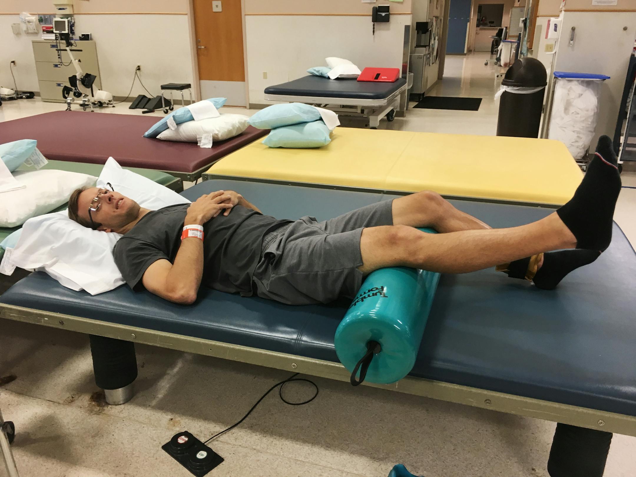 IndyCar driver Sebastien Bourdais does physical therapy Saturday, May 27, 2017, at the Rehabilitation Hospital of Indiana in Indianapolis. Bourdais broke his pelvis, hip and two ribs in an accident during qualifying for the Indianapolis 500 on May 20. (AP Photo/Jenna Fryer)