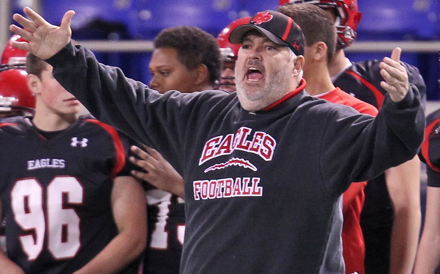 PREP FOOTBALL Class 6A Tournament. Eden Prairie vs. Wayzata. Eden Prairie head coach Mike Grant yelled to his team from the sidelines. (MARLIN LEVISON/STARTRIBUNE(mlevison@startribune.com (cq all names program