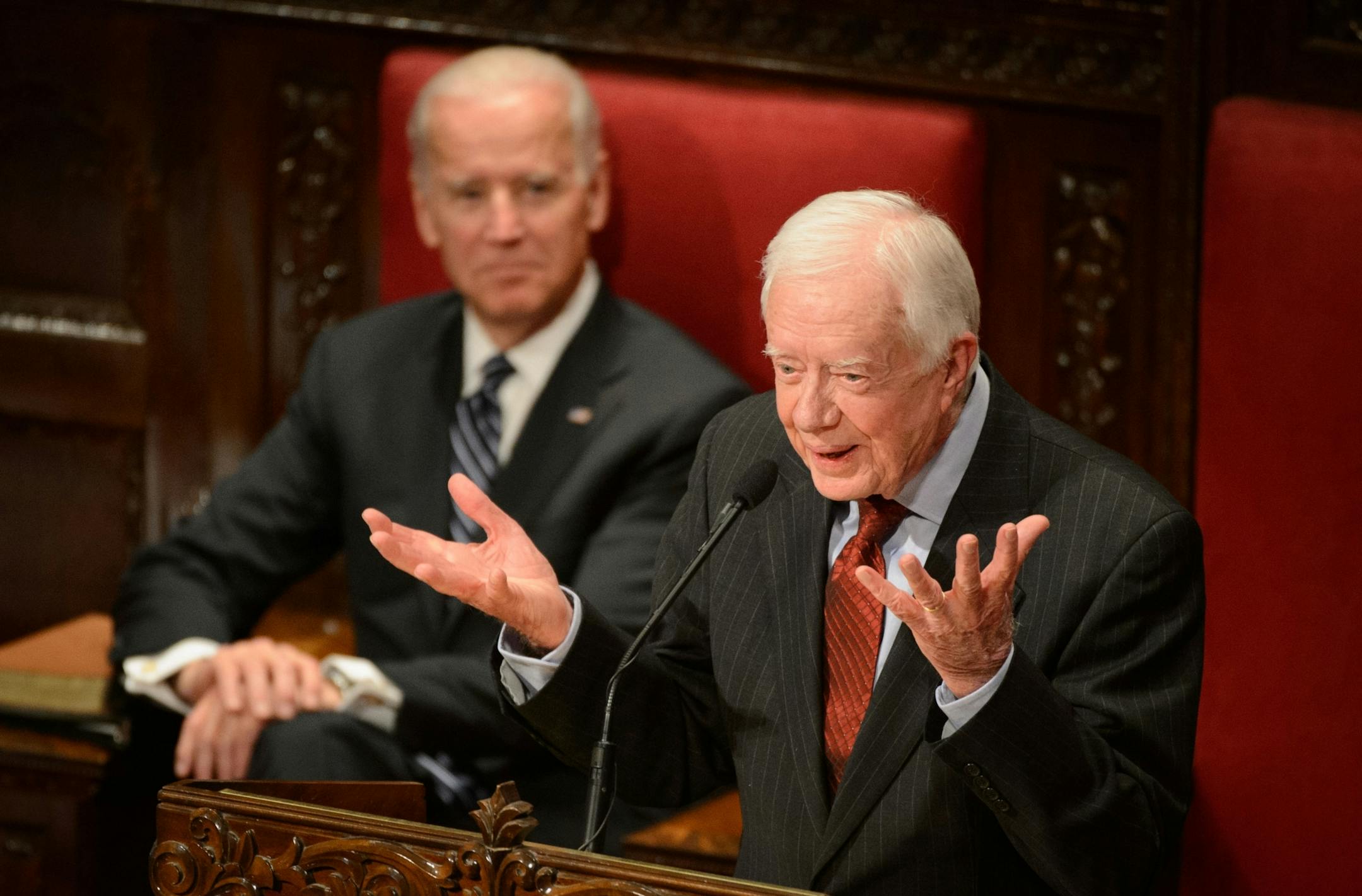 Vice President Joe Biden and former President Jimmy Carter remembered Joan Mondale during the ceremony. Joan Mondale's memorial service was held Saturday, February 8, 2014 at Westminster Presbyterian Church, Minneapolis. Vice President Joe Biden attended with his wife Jill as well as Jimmy and Rosalynn Carter.