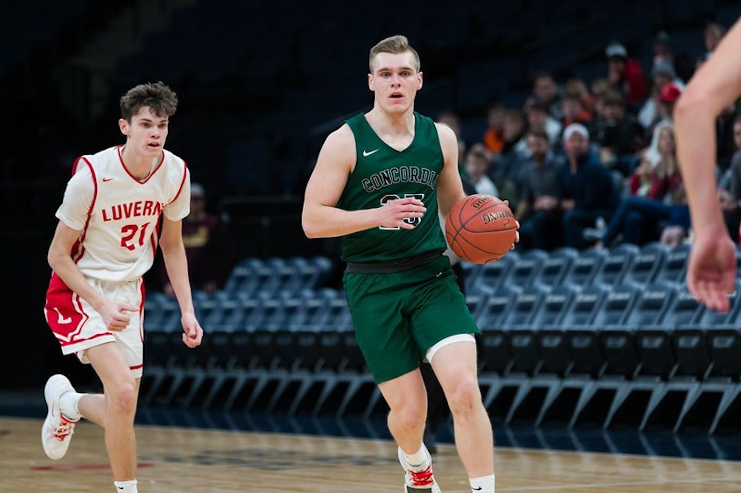 Bryce Paul, Concordia Academy, dribble the ball upcourt during the 2020 basketball season. AMSA Courage in Competition winner, 2020