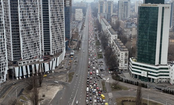 Traffic jams were seen Thursday as people fled Kyiv, Ukraine’s capital city. Russia’s full-scale invasion of Ukraine unleashed airstrikes and sent