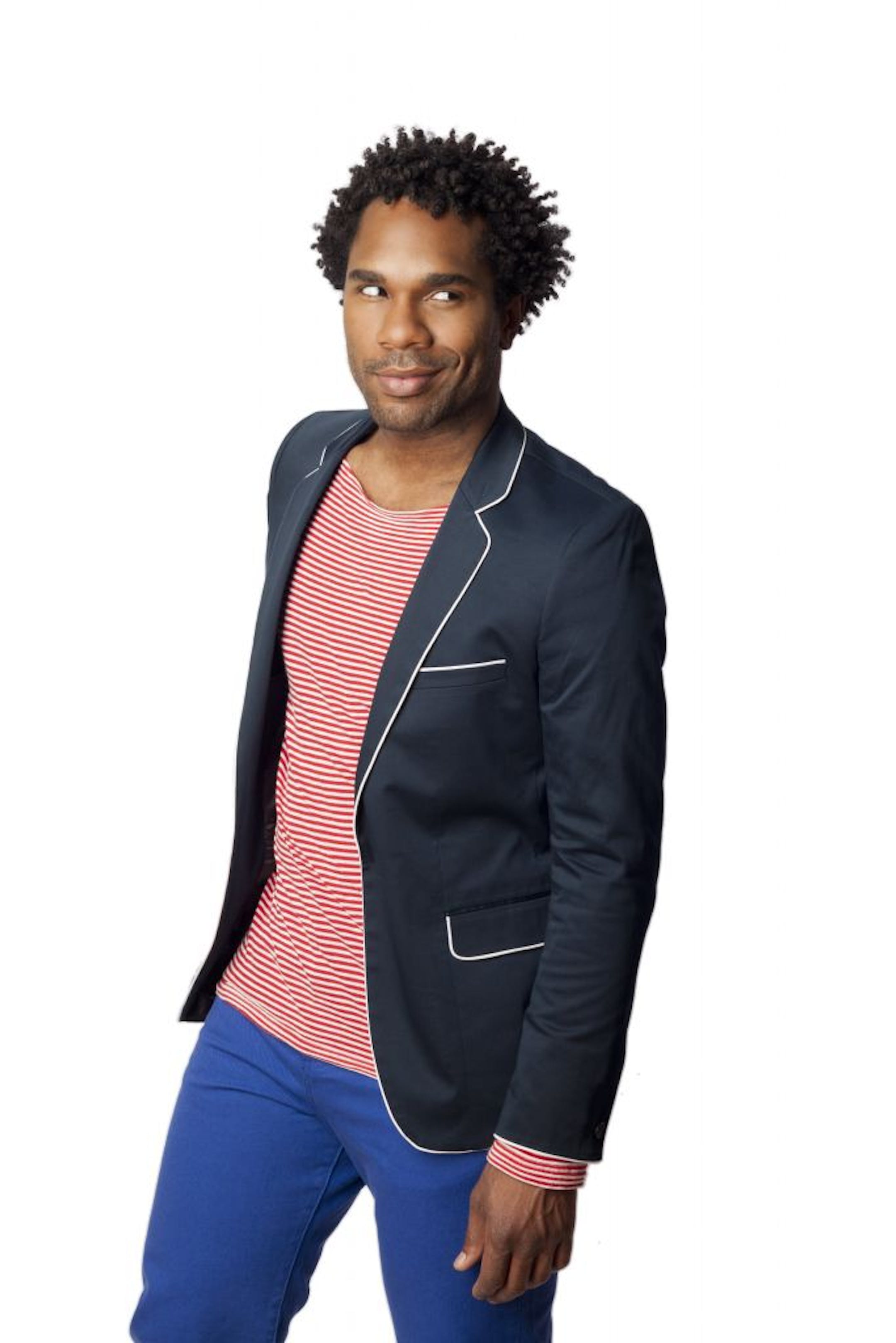 Photos courtesy of edbockeditions.com
English Laundry jacket ($98), striped tee ($40) from American Apparel, Your Neighbors jeans ($58) from Urban Outfitters. Nautical spring: "I wanted a nautical Where's Waldo outfit," said McPherson. "This is more my style than anything else." Model turned musician Herschel McPherson of Minneapolis flaunts his personal style.
