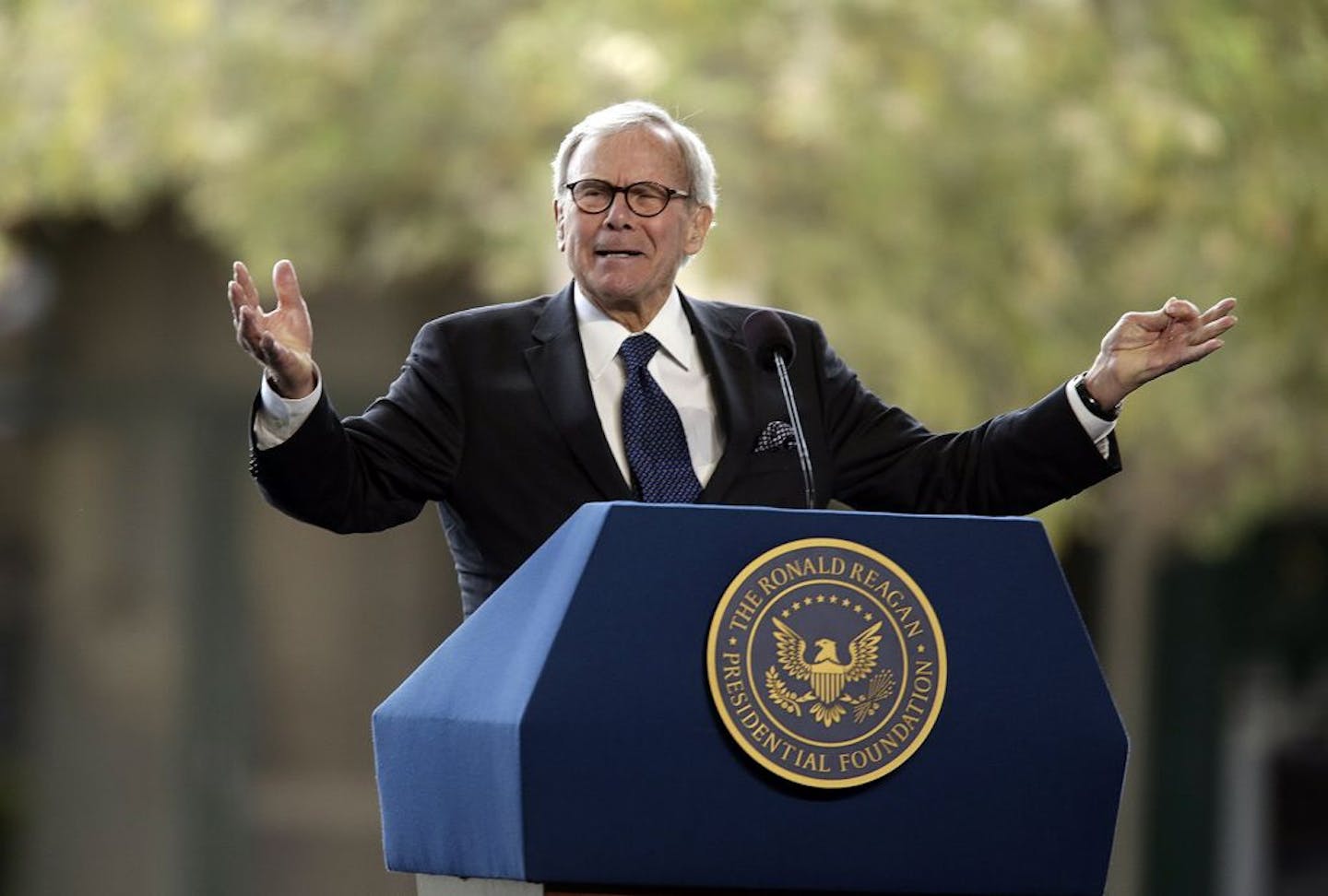 ournalist Tom Brokaw offers reflections during funeral services Friday, March 11, 2016 for former First Lady Nancy Reagan at the Ronald Reagan Presidential Library in Simi Valley, Calif. Mrs Reagan will be buried next to her husband on the property.