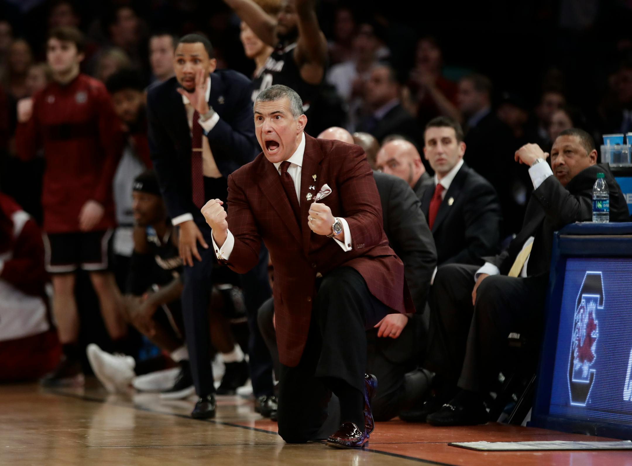 South Carolina head coach Frank Martin reacts during the second half of the East Regional championship game against Florida of the NCAA men's college basketball tournament, Sunday, March 26, 2017, in New York. (AP Photo/Frank Franklin II)
