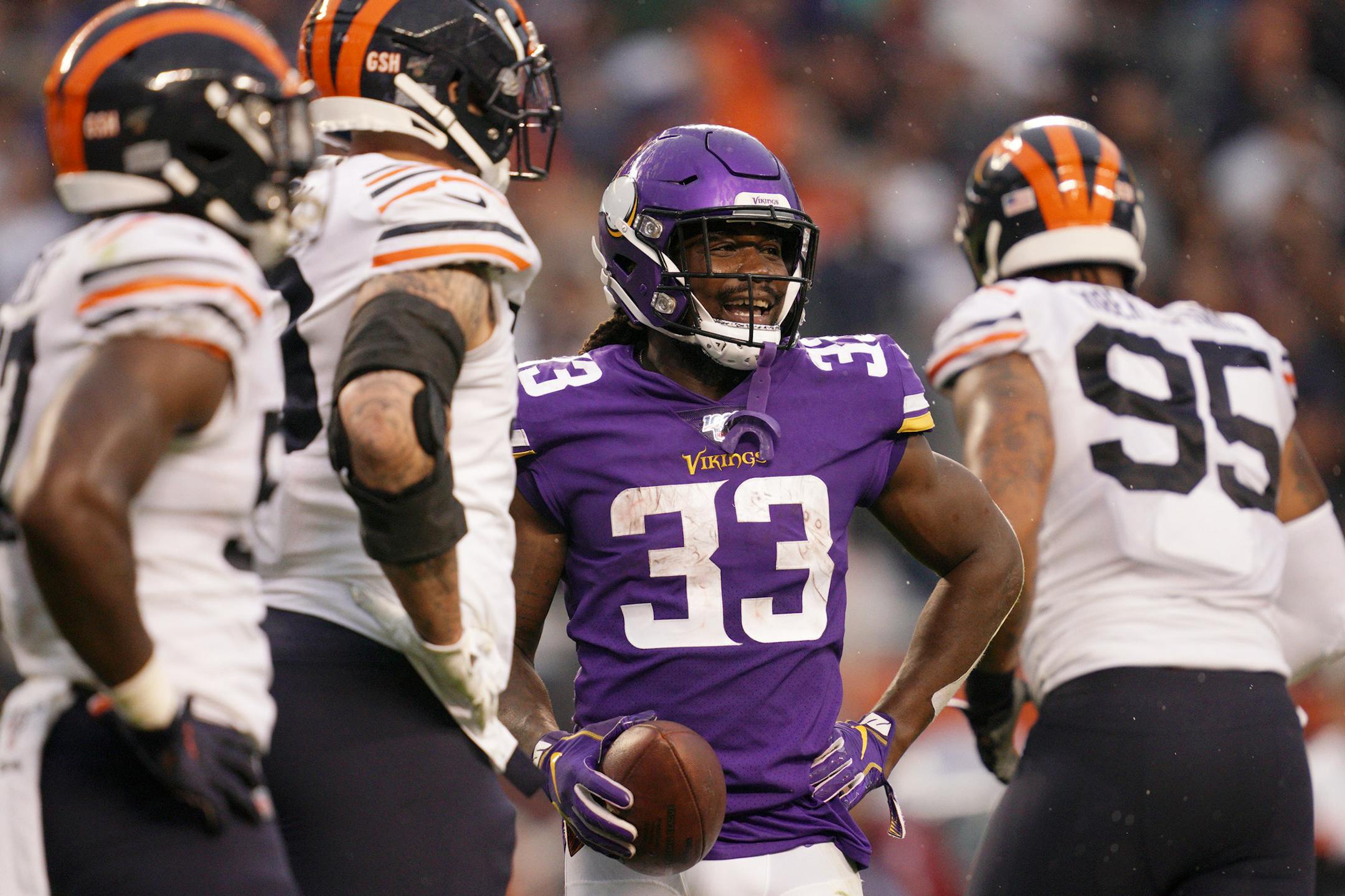 Minnesota Vikings running back Dalvin Cook (33) smiled after he scored a touchdown in the fourth quarter. ] ANTHONY SOUFFLE • anthony.souffle@startribune.com The Minnesota Vikings played the Chicago Bears in an NFL football game Sunday, Sept. 29, 2019 at Soldier Field in Chicago.
