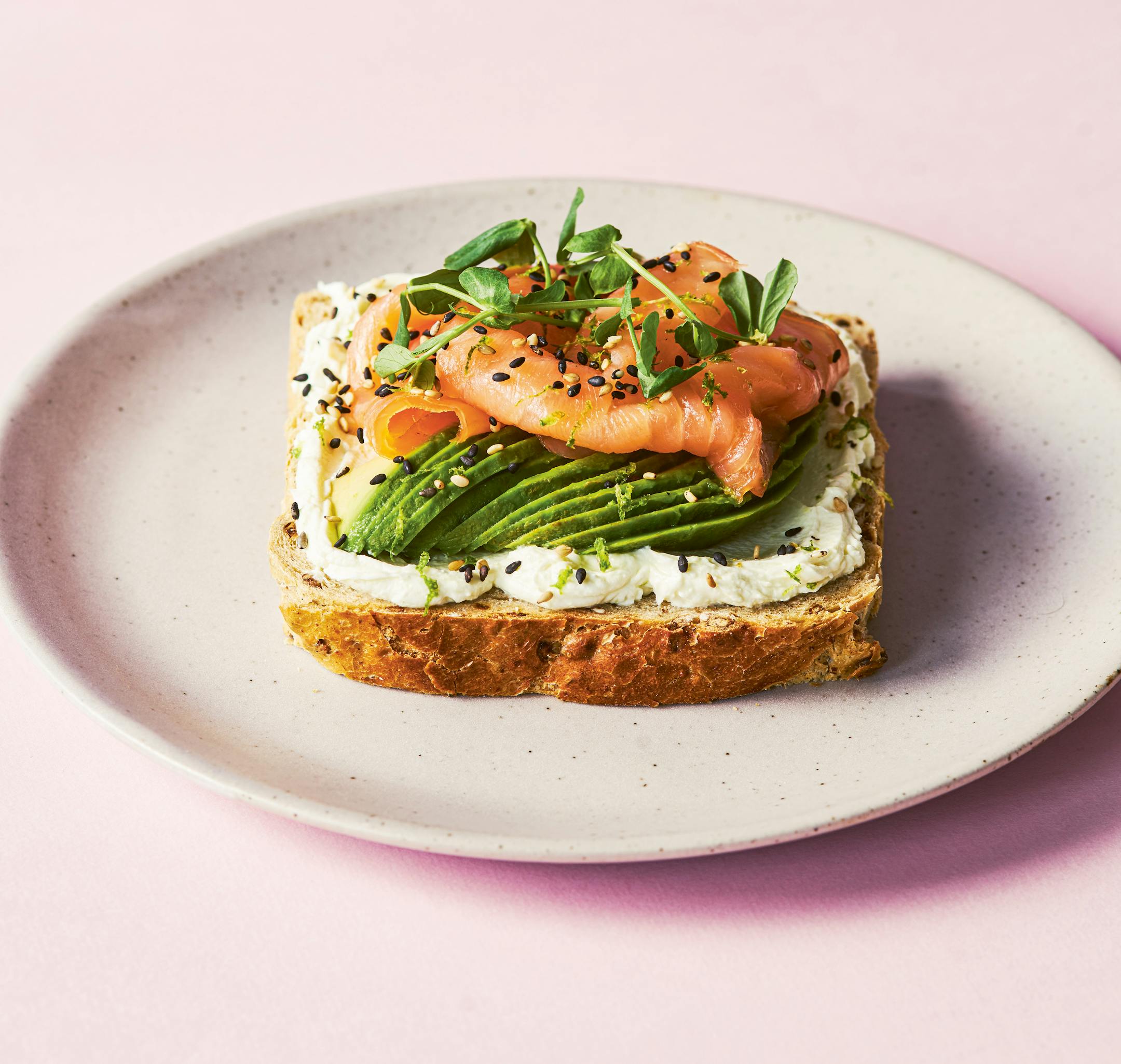 Smoked salmon, wasabi, avocado and pea shoots on granary bread from "Bliss on Toast" by Prue Leith // Photo Haarala Hamilton (Bloomsbury, 2022)