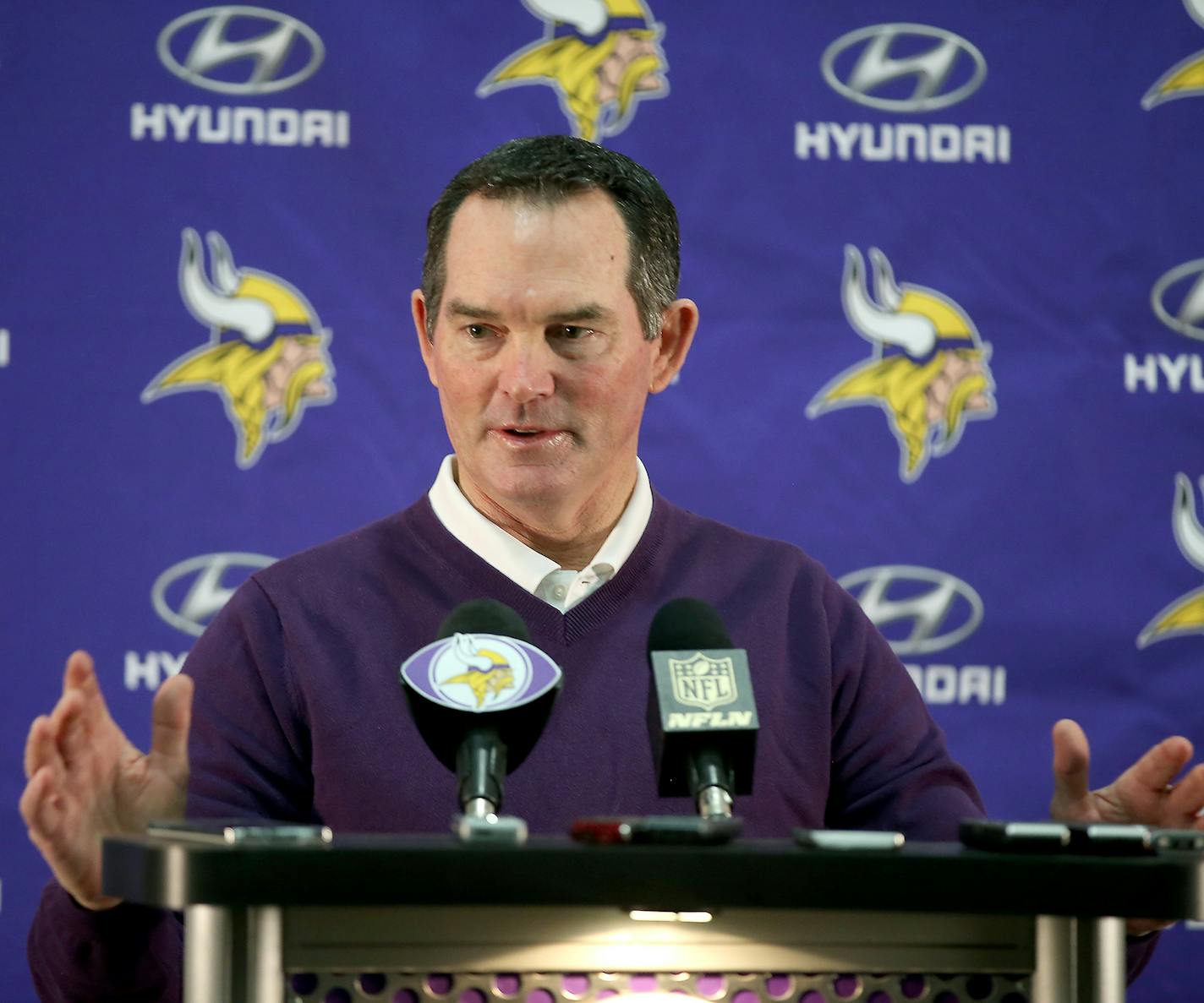 Minnesota Vikings Head Coach Mike Zimmer addressed the media and fielded questions during his season ending press conference at the Winter Park Fieldhouse , Tuesday, January 12, 2015 in Eden Prairie, MN. ] (ELIZABETH FLORES/STAR TRIBUNE) ELIZABETH FLORES &#x2022; eflores@startribune.com