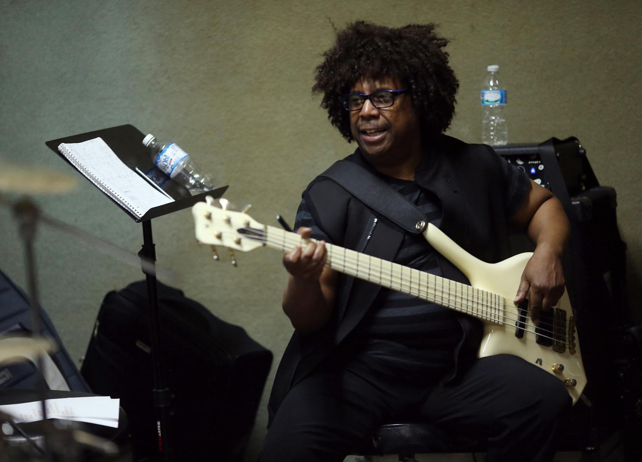 Sonny Thompson plays the bass as members of The New Power Generation Band rehearsed for an upcoming Prince tribute concert at the Parkway Theater on May 31, 2016 in Minneapolis.