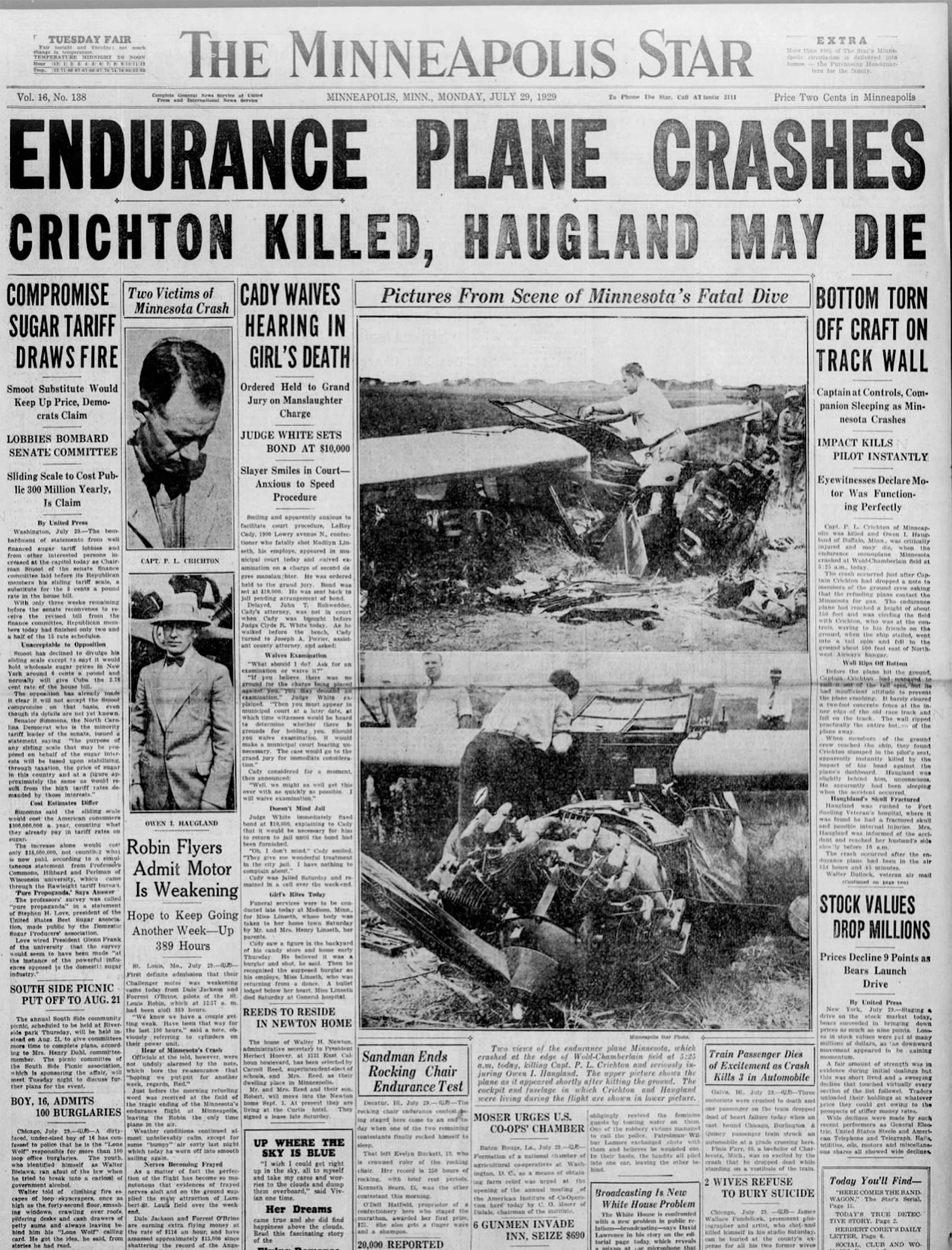 The Minneapolis Star, July 29, 1929: Endurance Plane Crashes