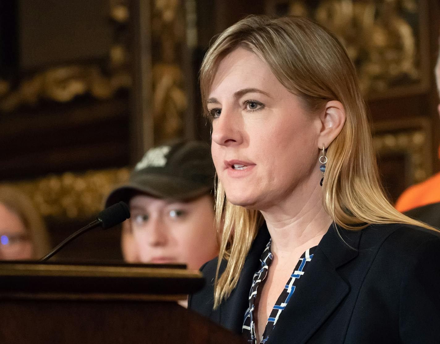 House Minority Leader Melissa Hortman Surrounded by Twin Cities high school students who travelled to Washington, D.C. for the gun march, Governor Dayton held a news conference calling for Republican leaders to take action to reduce gun violence. ] GLEN STUBBE &#xa5; glen.stubbe@startribune.com Friday, May 4, 2018 DFL legislators Senator Ron Latz and House Minority Leader Melissa Hortman spoke at the conference. EDS, Elliot Gunderson is female.