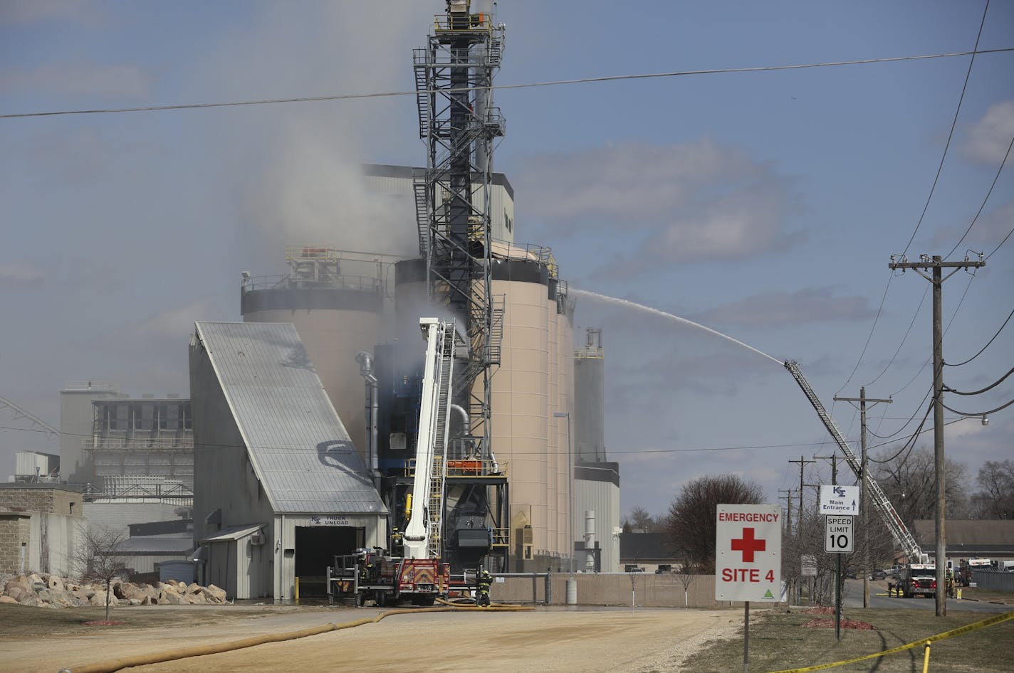 Mdewakanton and Shakopee fire departments tried to water down silos one and four after an explosion in the afternoon at an energy plant that is a joint venture between Koda Energy and Rahr Malting in Shakopee Min., Thursday, April 25, 2013.