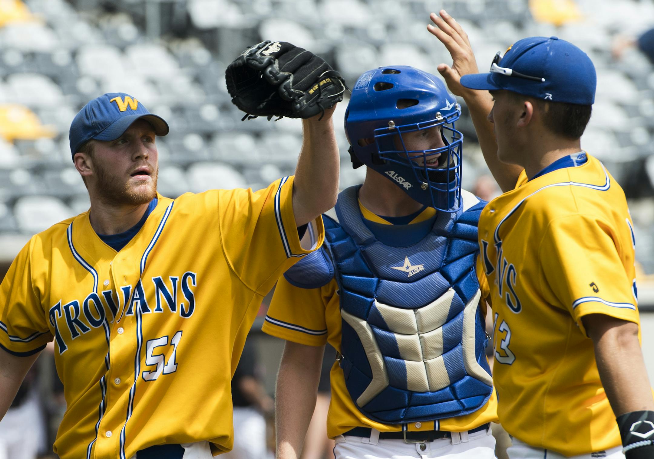 Wayzata catcher Jake Marsh (51) and infielder Will Oberg (13) high-five after beating Eden Prarie 10-5. ] Isaac Hale ï isaac.hale@startribune.com Eden Prairie took on Wayzata in the High School State Division 4A Quarterfinals at CHS Field in St. Paul, MN, on Thursday, June 16, 2016.