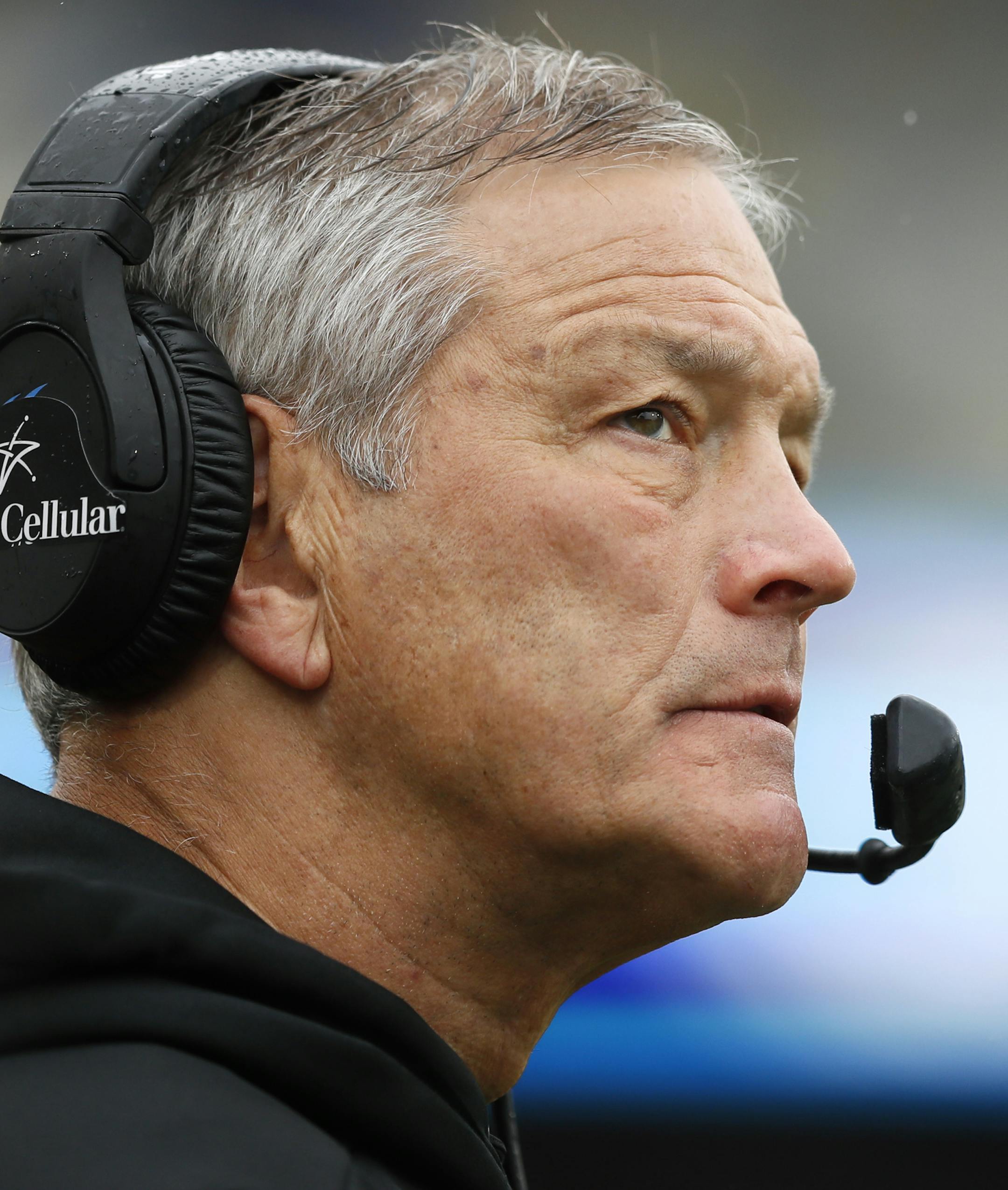 Iowa head coach Kirk Ferentz watches from the sideline during the second half of an NCAA college football game against Purdue, Saturday, Oct. 19, 2019, in Iowa City, Iowa. Iowa won 26-20. (AP Photo/Charlie Neibergall)