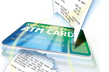 300 dpi Sharon Okada color illustration of an ATM card with the words "surcharge free" at the top cutting in half an ATM receipt that includes a trans