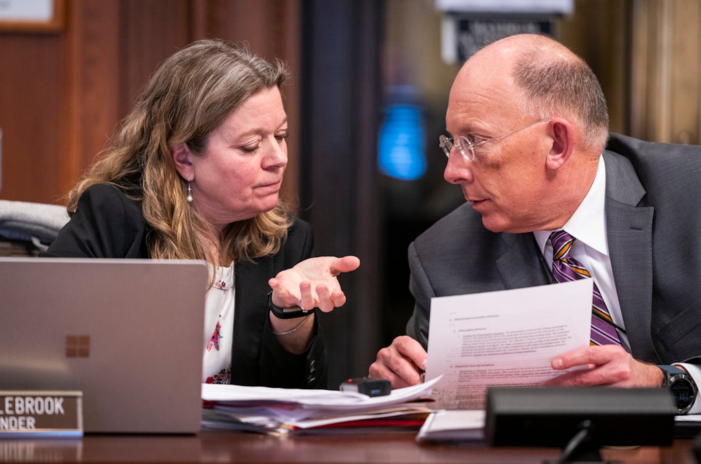 Cathryn Middlebrook, chief appellate public defender, spoke with Corrections Commissioner Paul Schnell during a meeting of the Minnesota Sentencing Guidelines Commission. Schnell has long been an outspoken critic of the state's long probation terms, which can span decades.