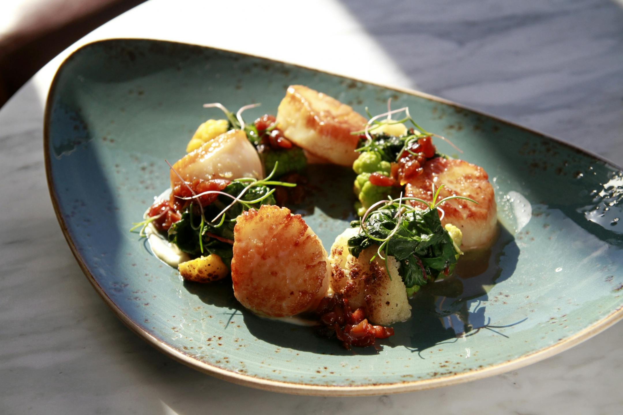 Restaurant review, - Lela, - SEARED SCALLOPS* Cauliflower Puree, Swiss Chard, Raisin Agrodolce