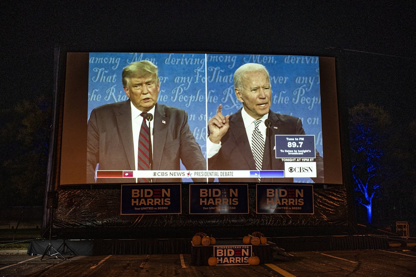 The presidential debate between President Trump and Senator Joe Biden was projected on a giant screen.