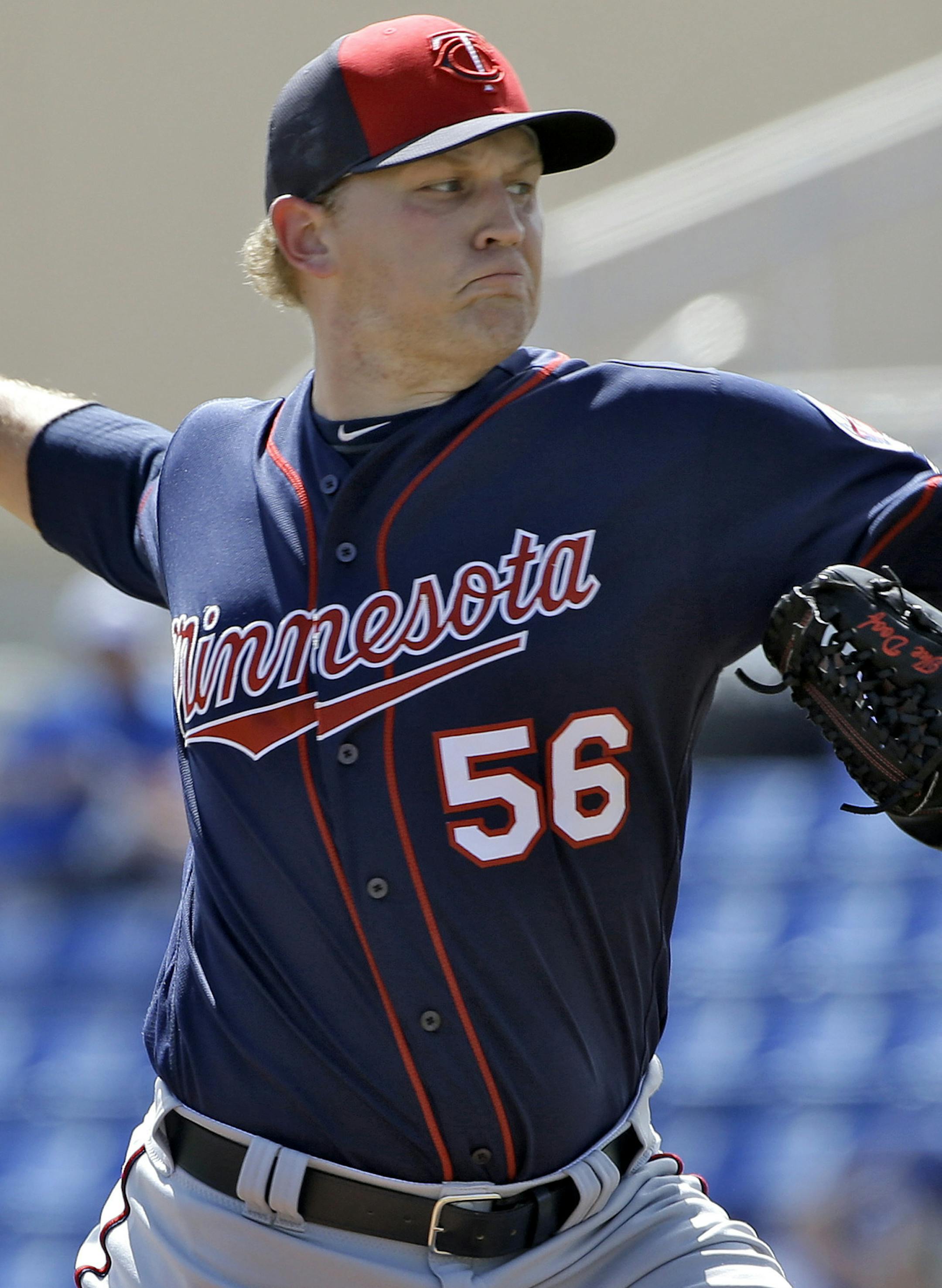 Minnesota Twins starting pitcher Tyler Duffey delivers to the Toronto Blue Jays during the first inning of a spring training baseball game Tuesday, March 8, 2016, in Dunedin, Fla. (AP Photo/Chris O'Meara)