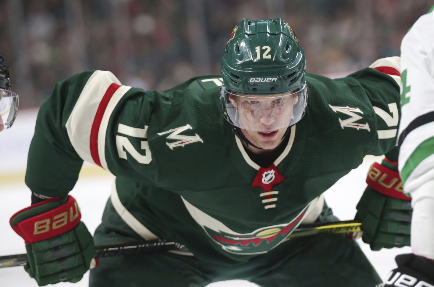 Minnesota Wild center Eric Staal (12) against the Dallas Stars in the first period of an NHL hockey game Thursday, March 29, 2018, in St. Paul, Minn. The Wild defeated the Stars 5-2. (AP Photo/Andy Clayton-King)