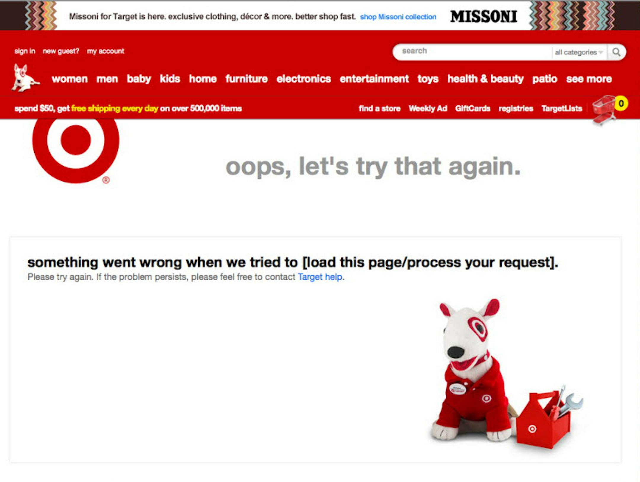 This screen shot shows the crashed Missoni page on the Target.com website. The cheap chic retailer drummed up so much interest in its exclusive, limited-time line by Italian designer Missoni that its web site crashed several times on the day it was launched, which angered customers.