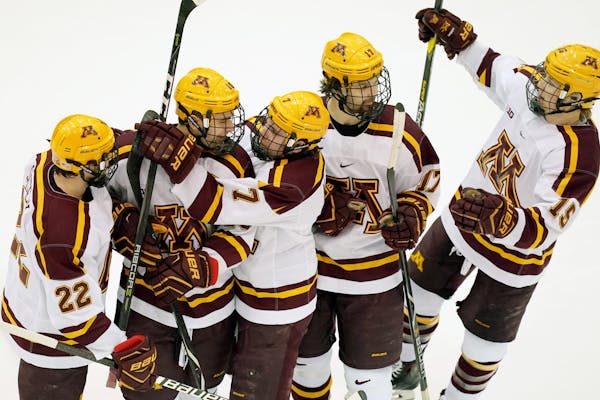 Minnesota Golden Gophers players celebrated with Minnesota Golden Gophers forward Brent Gates Jr. (10) after he scored a goal in the second period. ] 