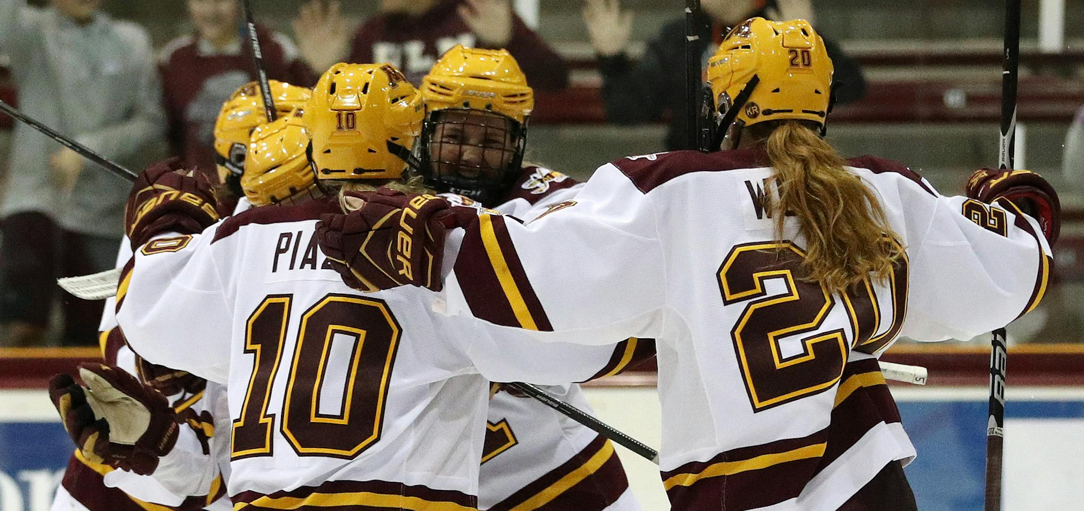 Minnesota Golden Gophers players celebrated their first goal of the night in the second period. ] ANTHONY SOUFFLE • anthony.souffle@startribune.com Game action from an NCAA women's ice hockey match between the Minnesota Golden Gophers and the Ohio State Buckeyes Friday, Oct. 6, 2017 at Ridder Arena in Minneapolis.