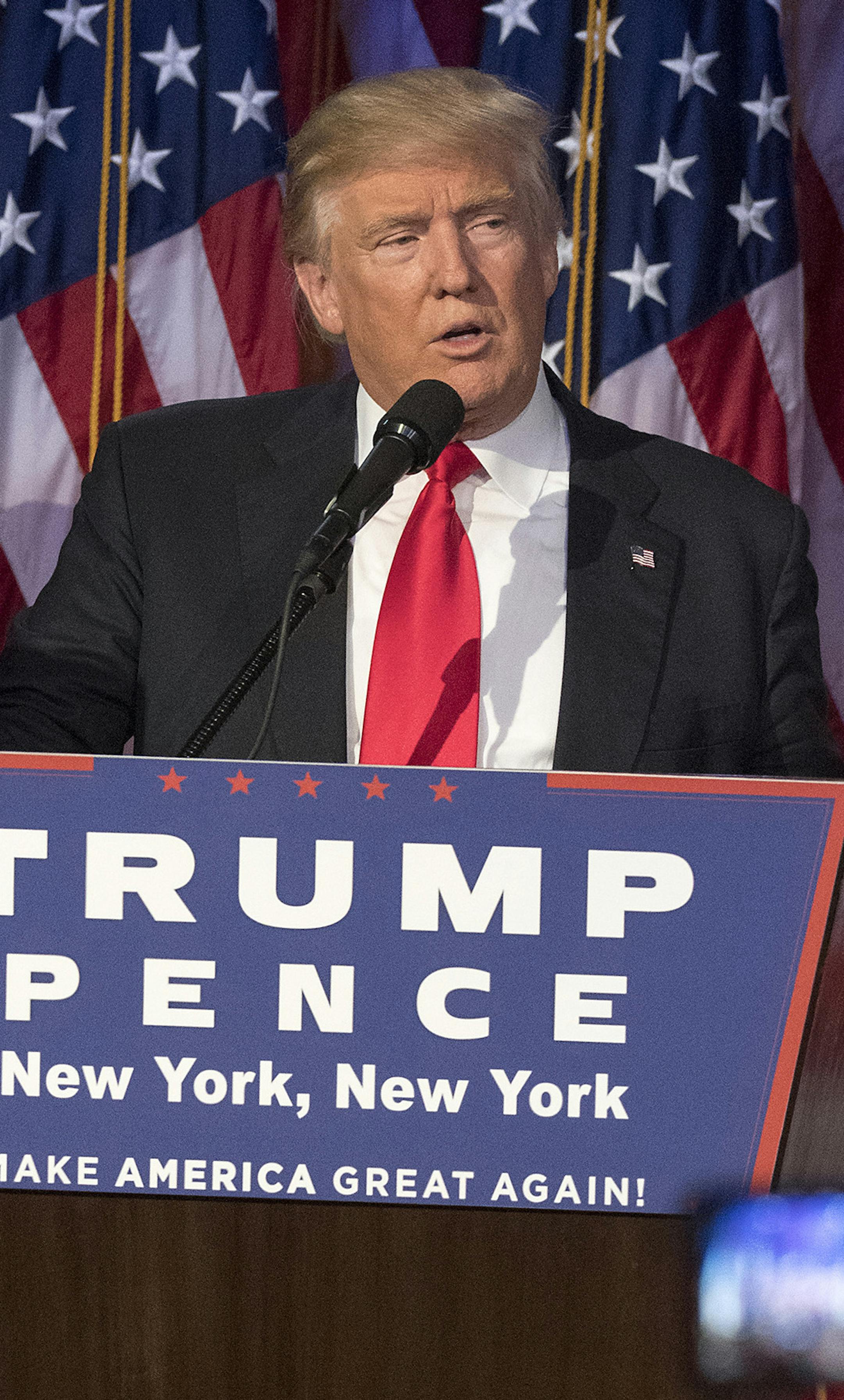 President-elect Donald Trump speaks to supporters after winning the election on Wednesday, Nov. 9, 2016 at the Election Night Party at the Hilton Midtown Hotel in New York City. (J. Conrad Williams Jr./Newsday/TNS)