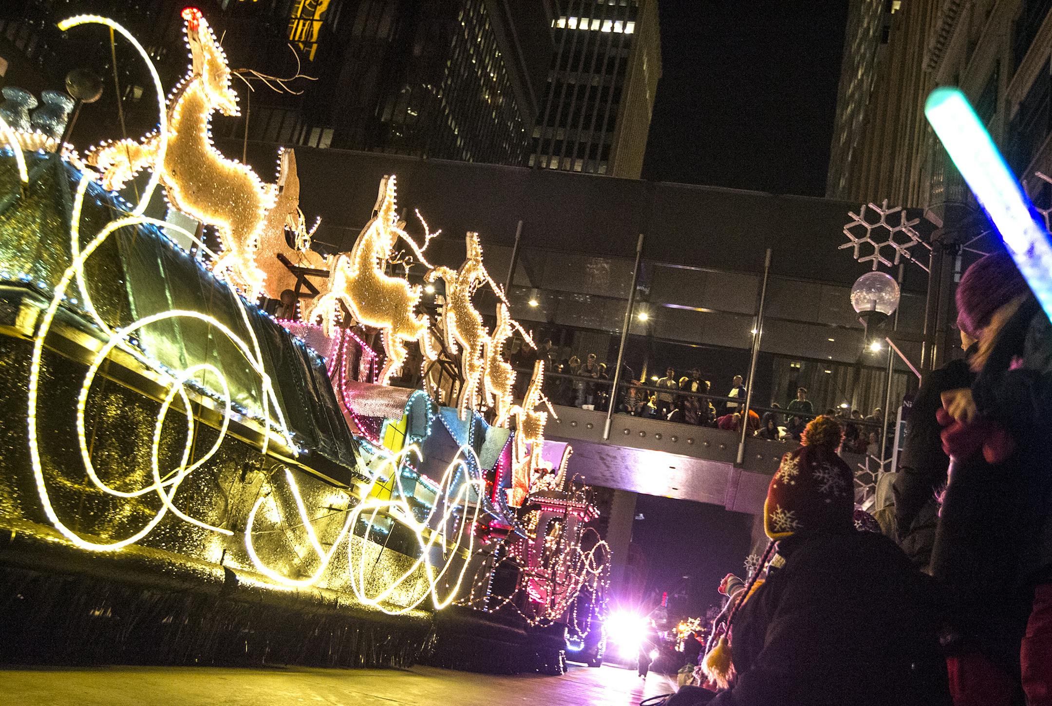 Santa's sleigh closes first night of the 2013 Target Holidazzle parade on Nicollet Mall in Minneapolis November 29, 2013. (Courtney Perry/Special to the Star Tribune)