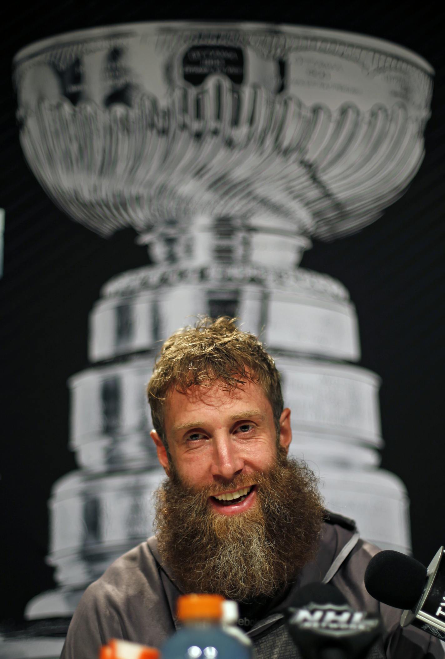 San Jose Sharks' Joe Thornton talks to reporters during Stanley Cup Finals media day in Pittsburgh, Sunday May 29, 2016. The Sharks face off in Game 1 of the Stanley Cup Finals against the Pittsburgh Penguins on Monday, May 30, in Pittsburgh. (AP Photo/Gene J. Puskar)