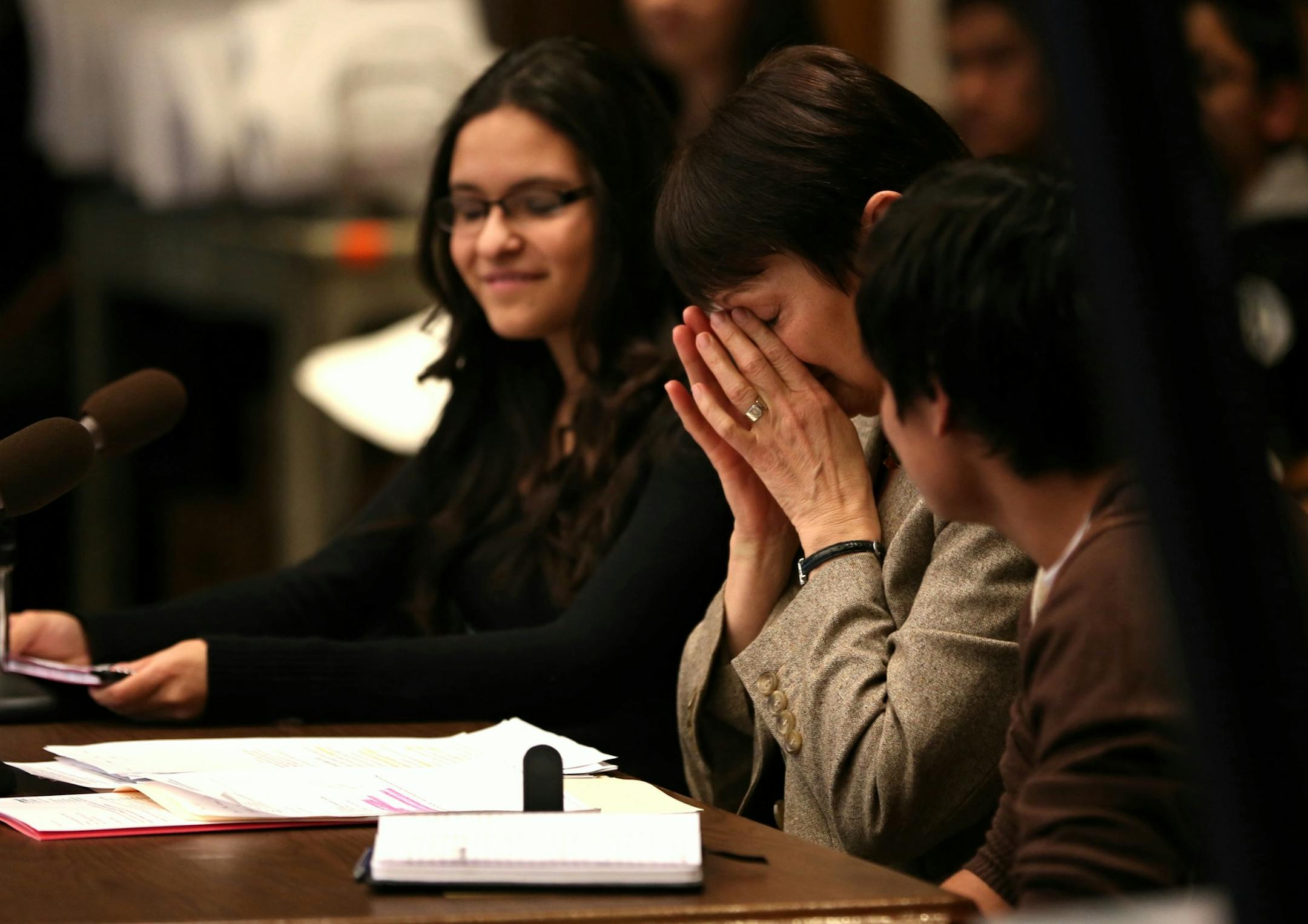 Sen. Sandra Pappas broke down in tears as she spoke about the dream act legislation at the Sentate higher education committee asking to grant in-state tuition to undocumented immigrants on Thursday, March 14, 2013 at the Minnesota State Capitol in St. Paul, Minn. ] (RENEE JONES SCHNEIDER * reneejones@startribune.com)