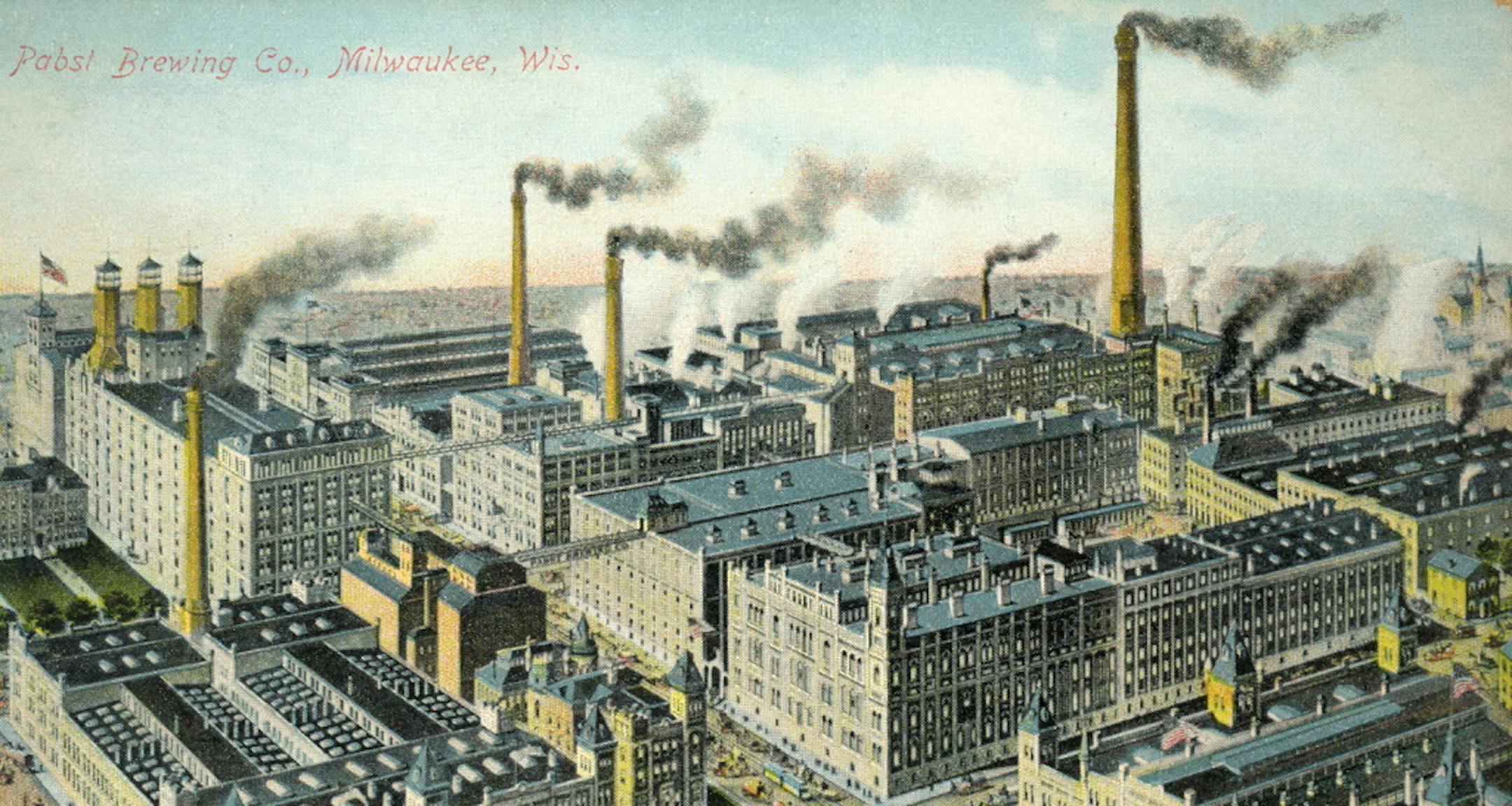 This image provided by the Pabst Mansion museum shows a postcard depicting the Pabst Brewery around 1900 in Milwaukee. A small group of Milwaukee residents want to revive the city's beer brewing tradition by buying Pabst Brewing Co. from a California executive in hopes of returning the brand's headquarters to its birthplace. (AP Photo/Pabst Mansion)