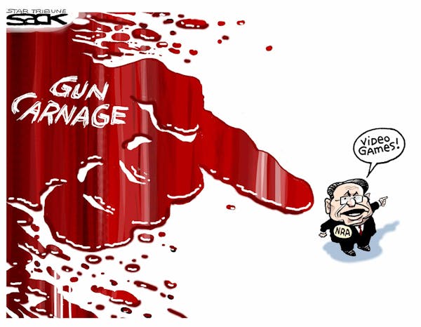 Steve Sack editorial cartoon for Dec. 23, 2012. Topic: NRA response to Newtown massacre.