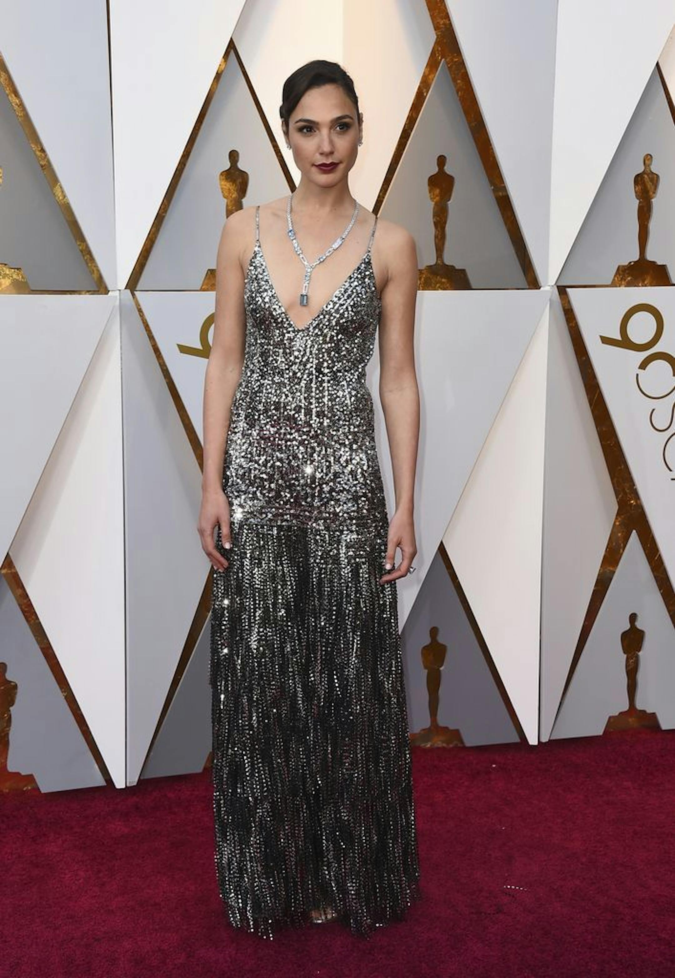 Gal Gadot arrives at the Oscars on Sunday, March 4, 2018, at the Dolby Theatre in Los Angeles.