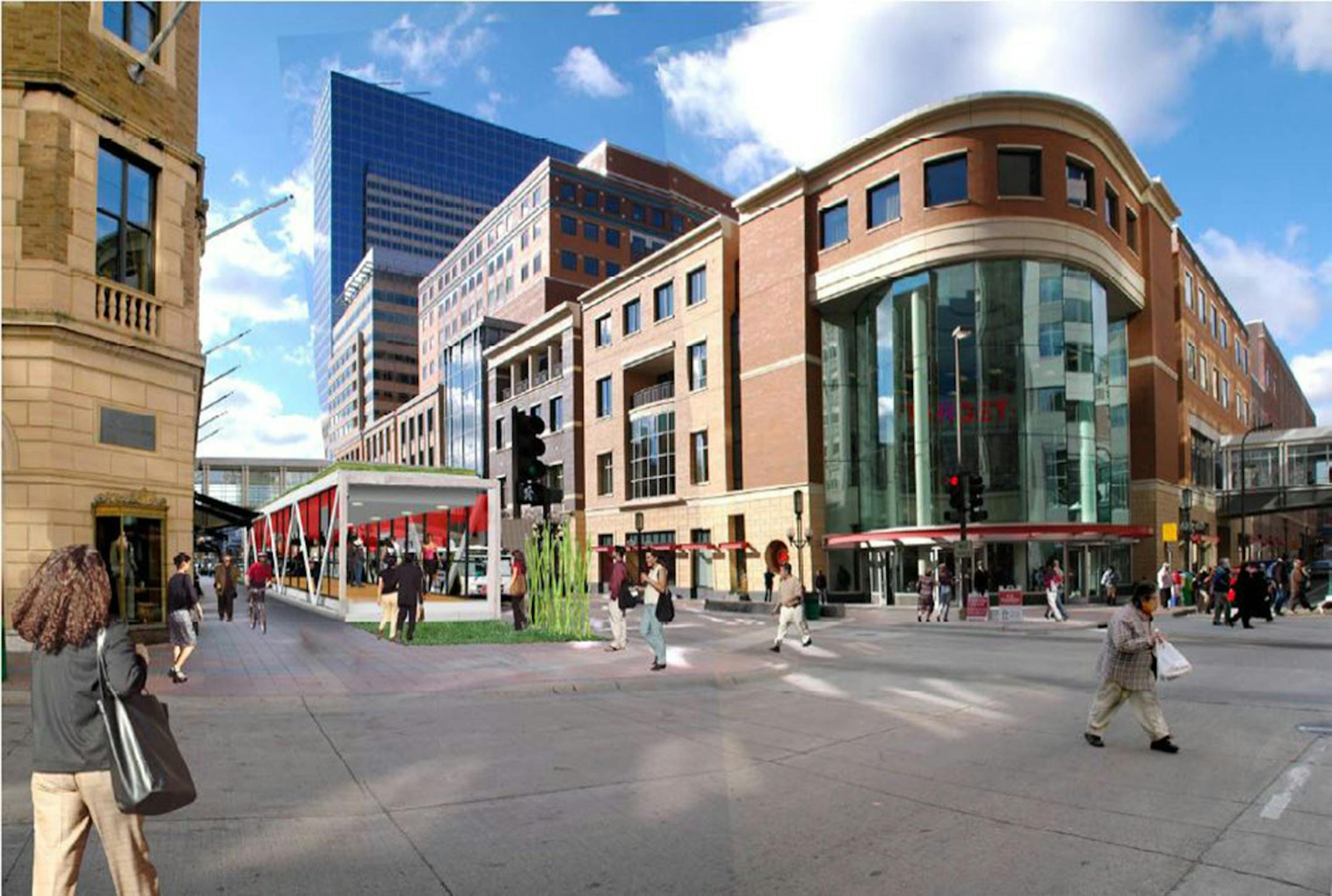 CITYDESKSTUDIO A rendering of possible uses for a piece of skyway. Downtown walkthrough.