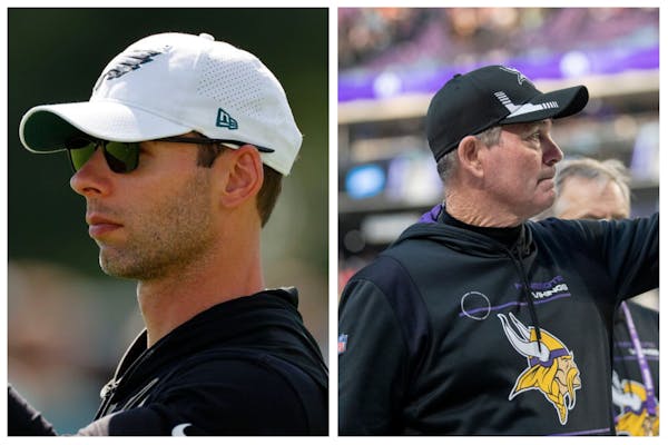 New Cardinals coach Jonathan Gannon (left) worked under Mike Zimmer (right) from 2014 to 2017.