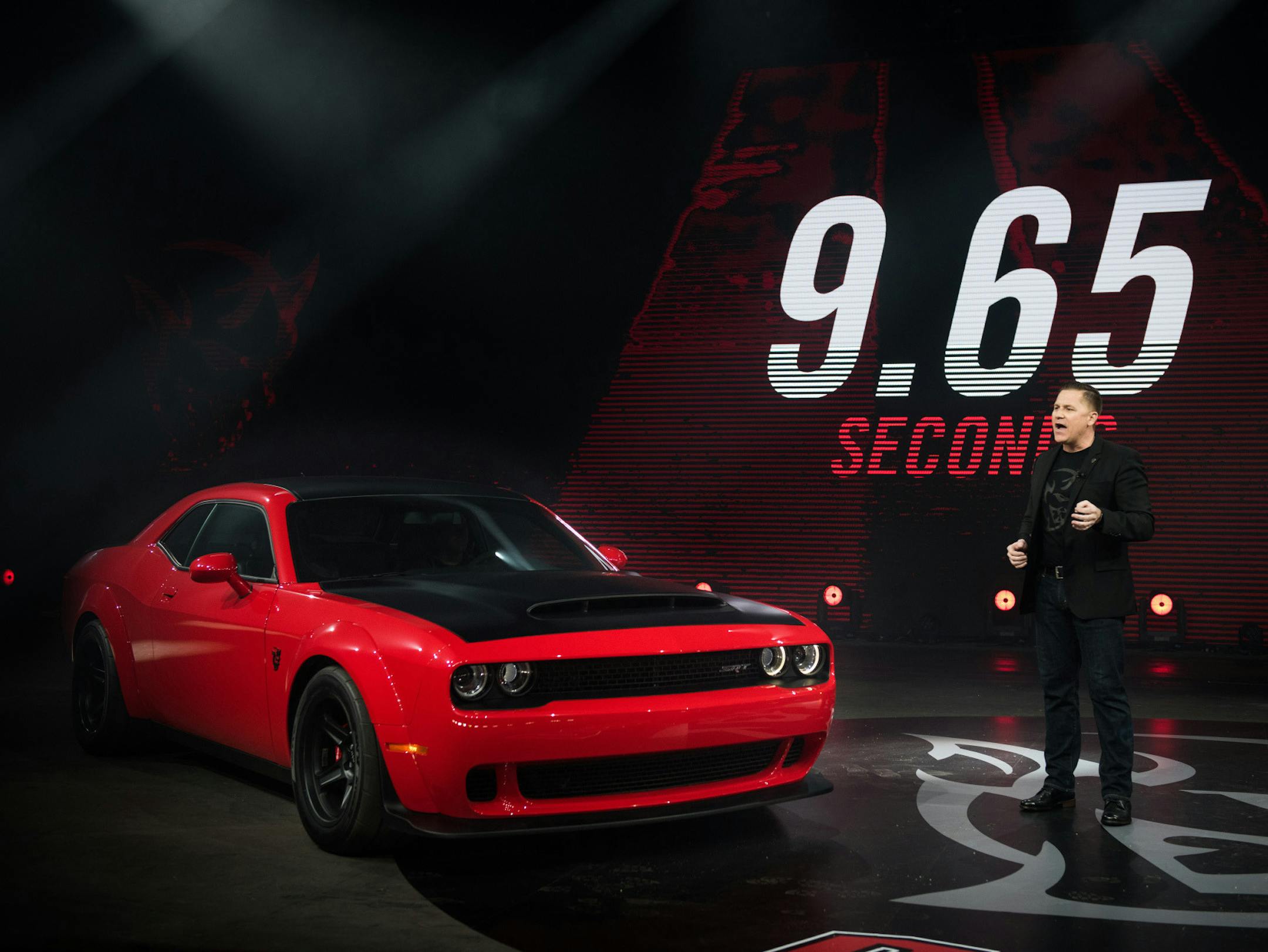 Tim Kuniskis, who ran the Dodge brand at Fiat Chrysler until early 2018, introduced the Dodge Challenger SRT Demon at last year’s New York International Auto Show on April 11, 2017. MUST CREDIT: Bloomberg photo by Mark Kauzlarich.