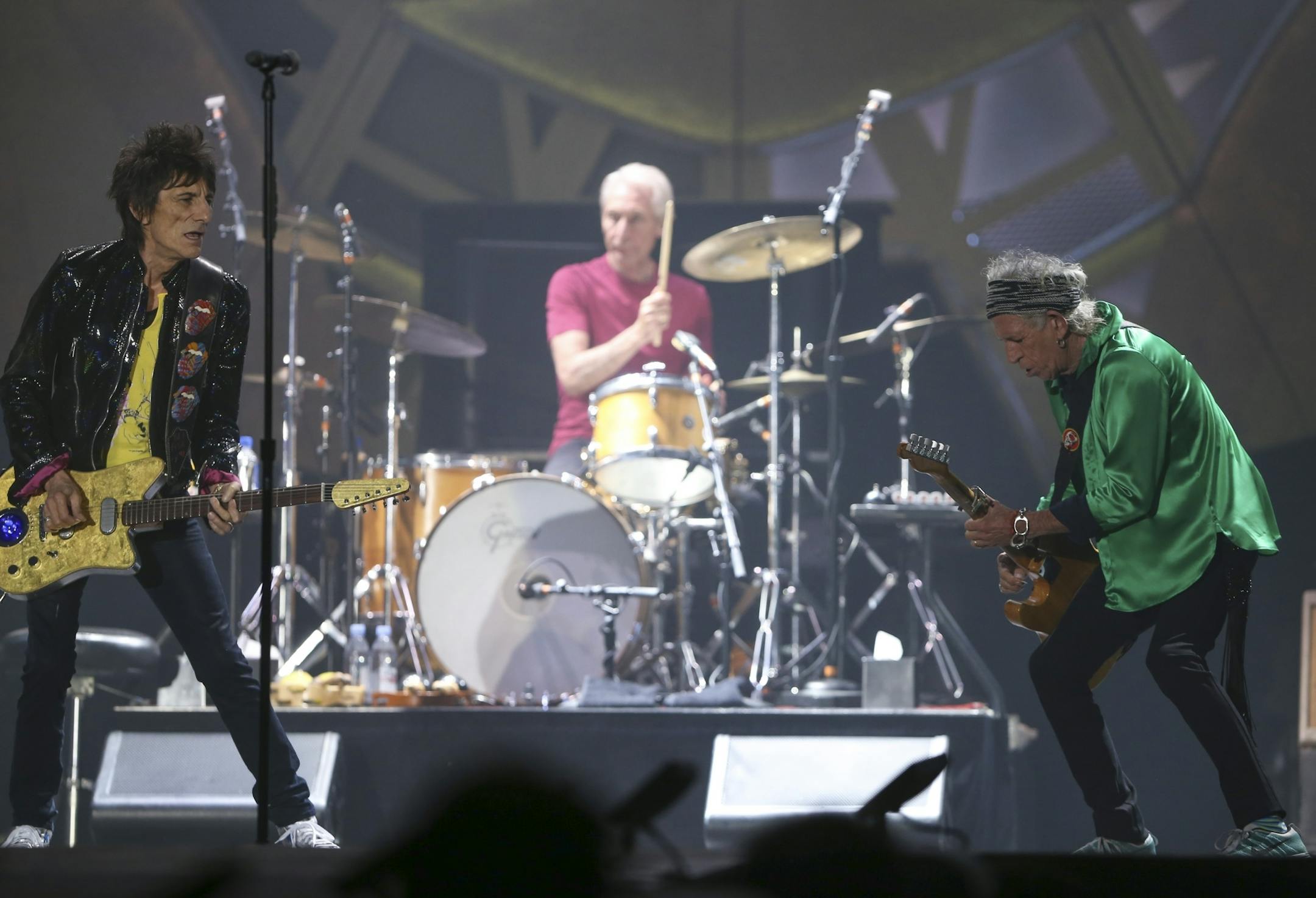 Ron Wood, Charlie Watts, and Keith Richards, from left, of the Rolling Stones at TCF Bank Stadium Wednesday night.
